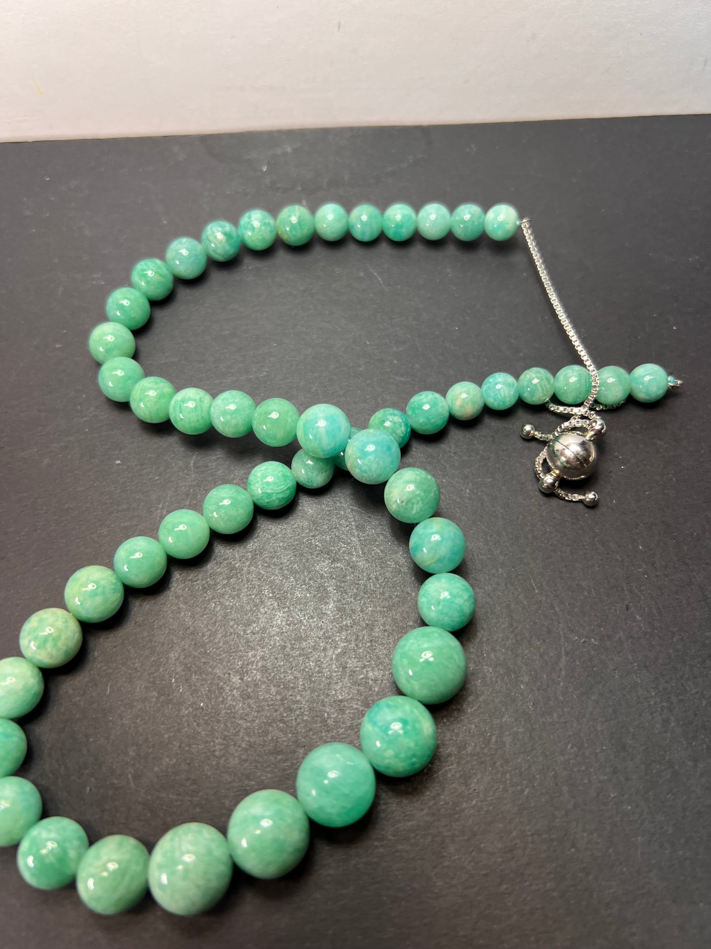 Amazonite beaded bolo necklace with sterling clasp and slide adjustments