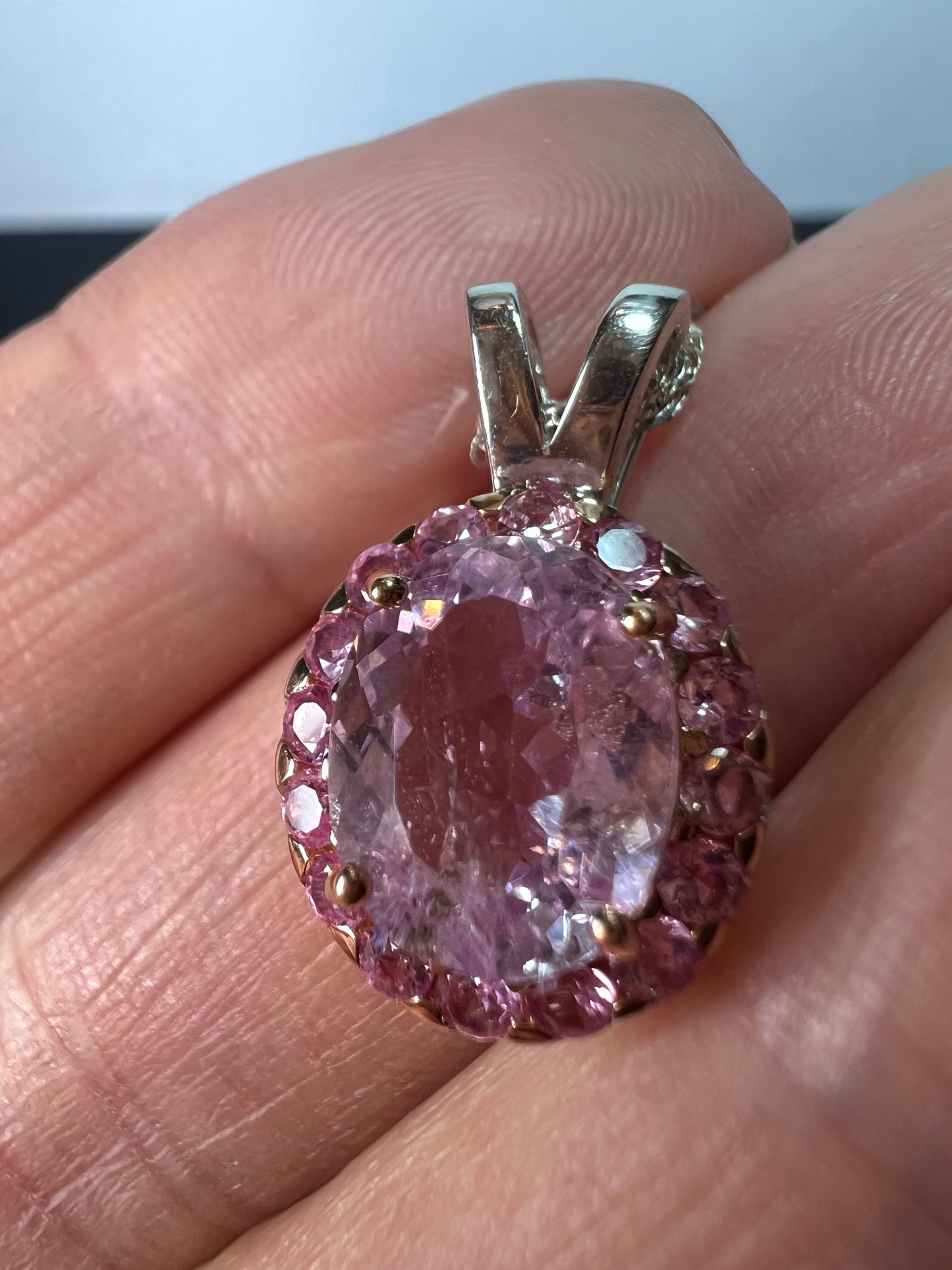 Kunzite and pink sapphire halo pendant necklace in sterling silver