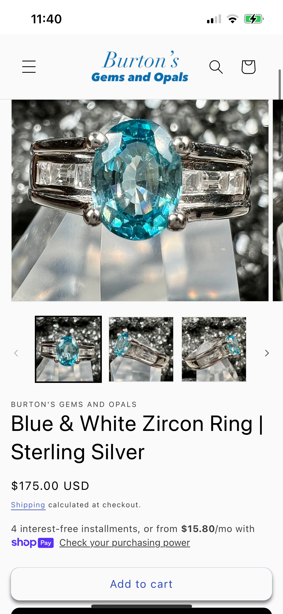 Blue & White Zircon Ring | Sterling Silver Ring size 10