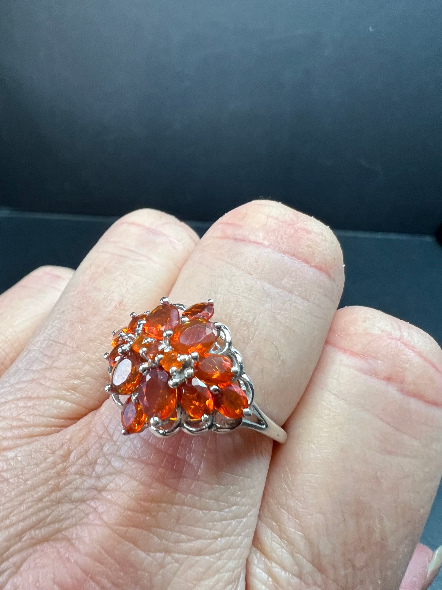 Vintage Sterling Silver Mexican Fire Opal Floral Cluster Ring Sz 9