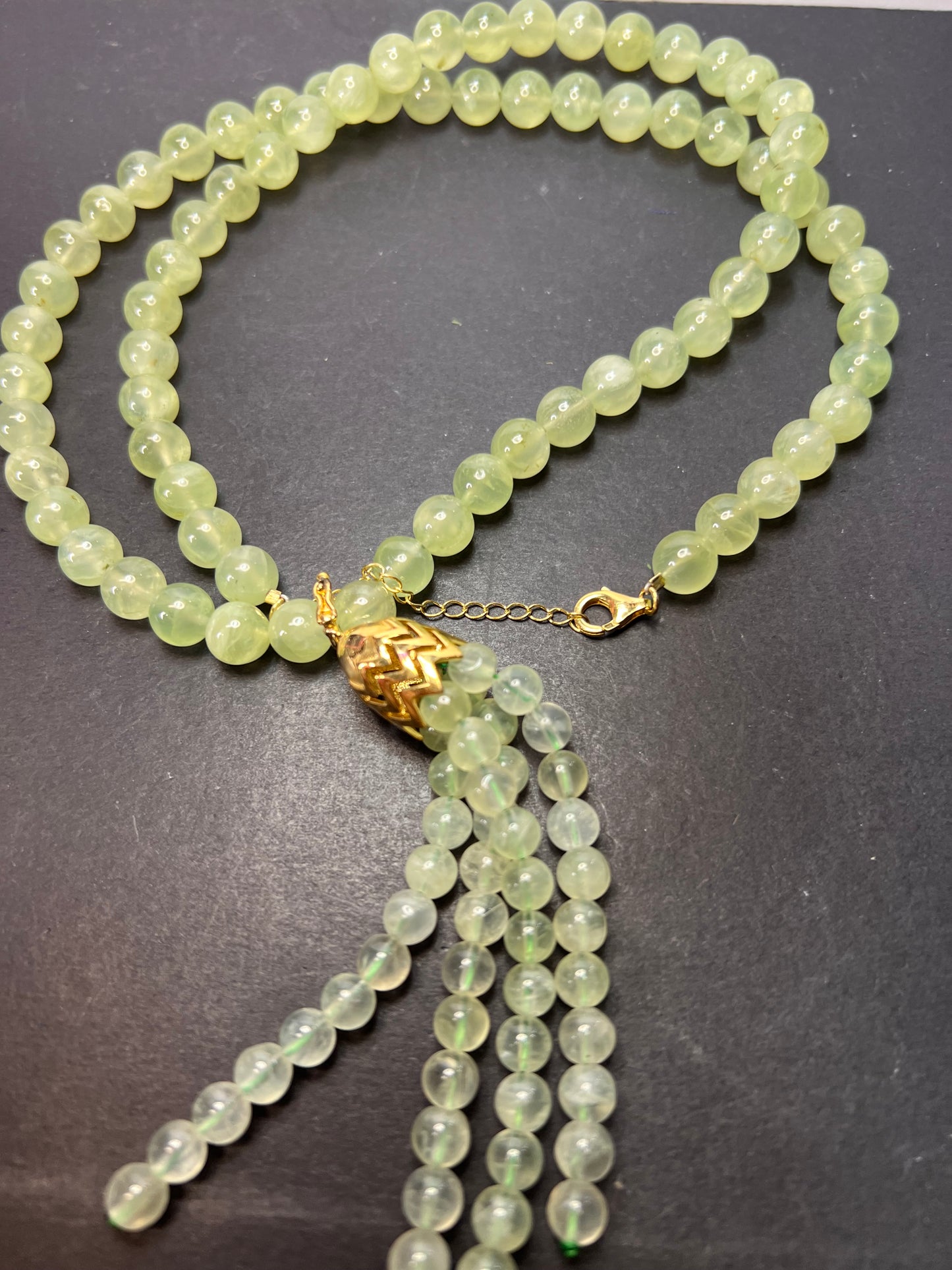 Prehnite beaded 24 inch necklace with removable tassel pendant and gold over sterling silver lobster clasp and extender