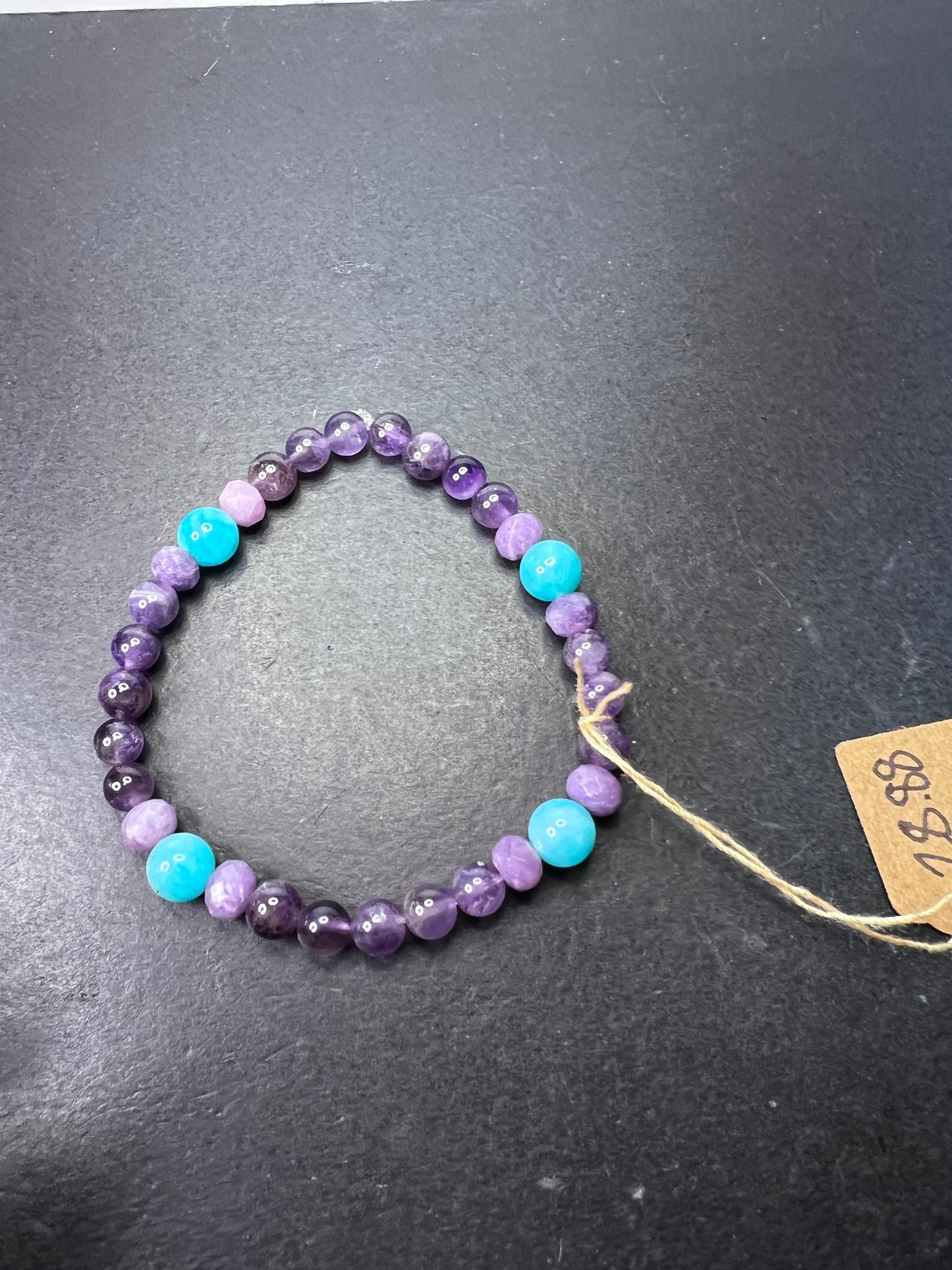 Amethyst, lepidolite, and Peruvian amazonite stretch cord bracelet for 7 inch wrist