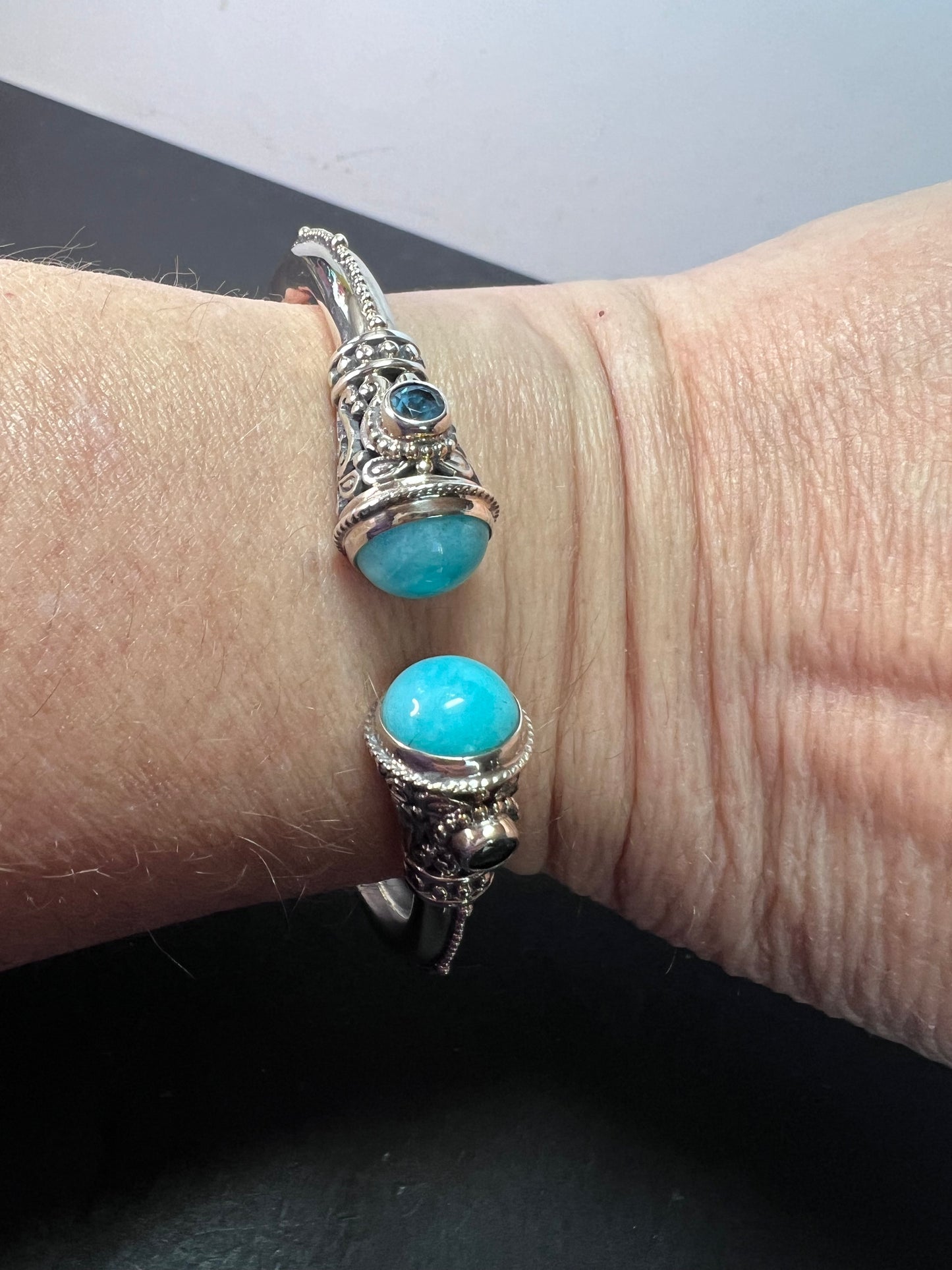 Sarda Sterling silver cuff bracelet with Peruvian amazonite and blue topaz