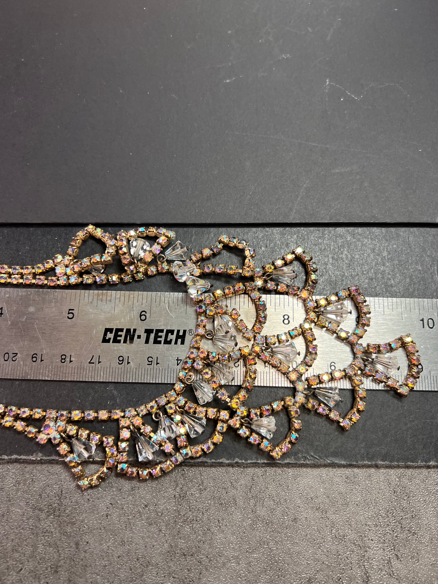 Vintage AB Rhinestone Bib Necklace Clear Glass Dangles Gold Tone