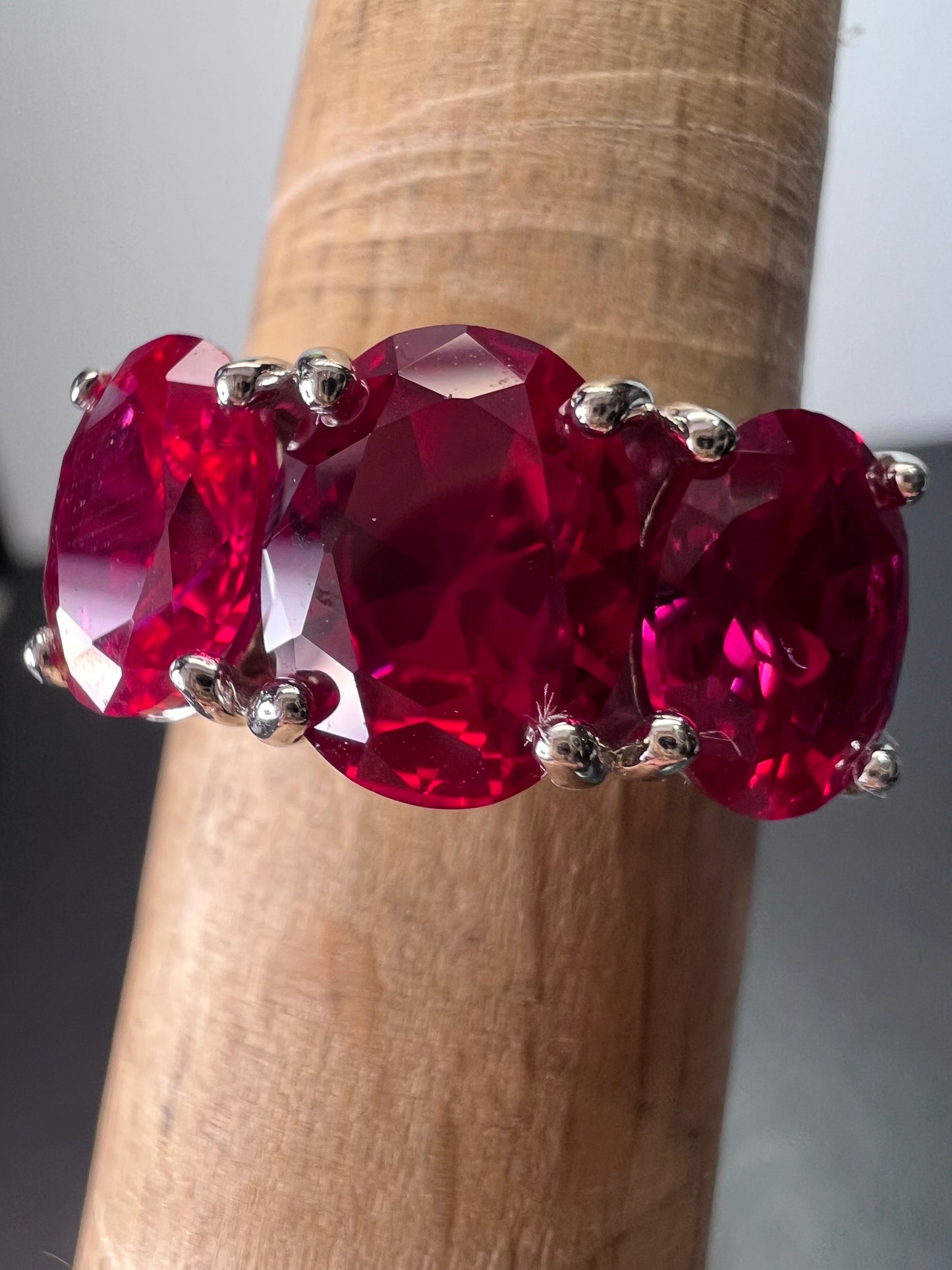 Lab created ruby and silver triple stone ring size 8