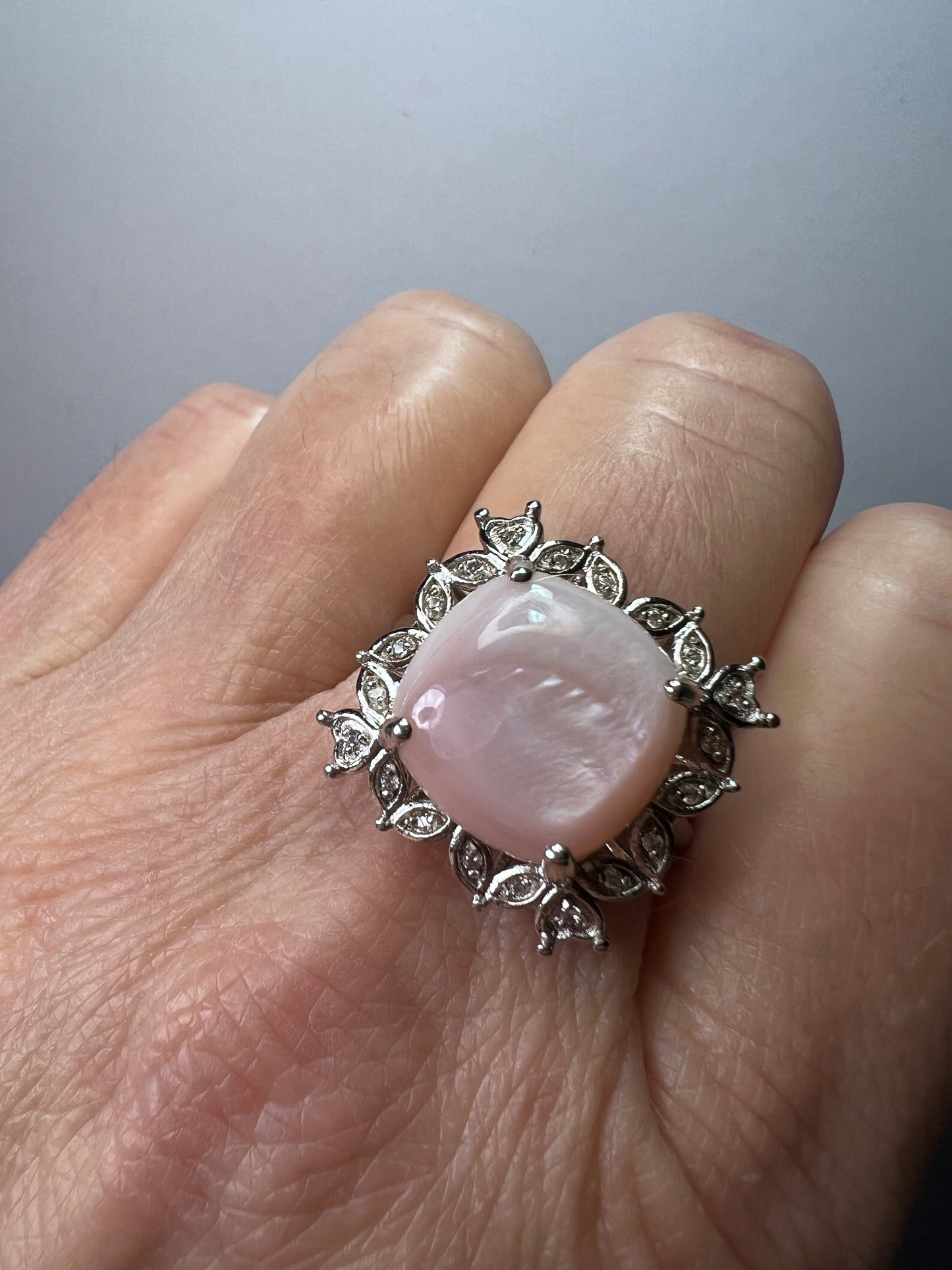 Pink Mother-of-Pearl With White Zircon Rhodium Over Sterling Silver Ring size 8