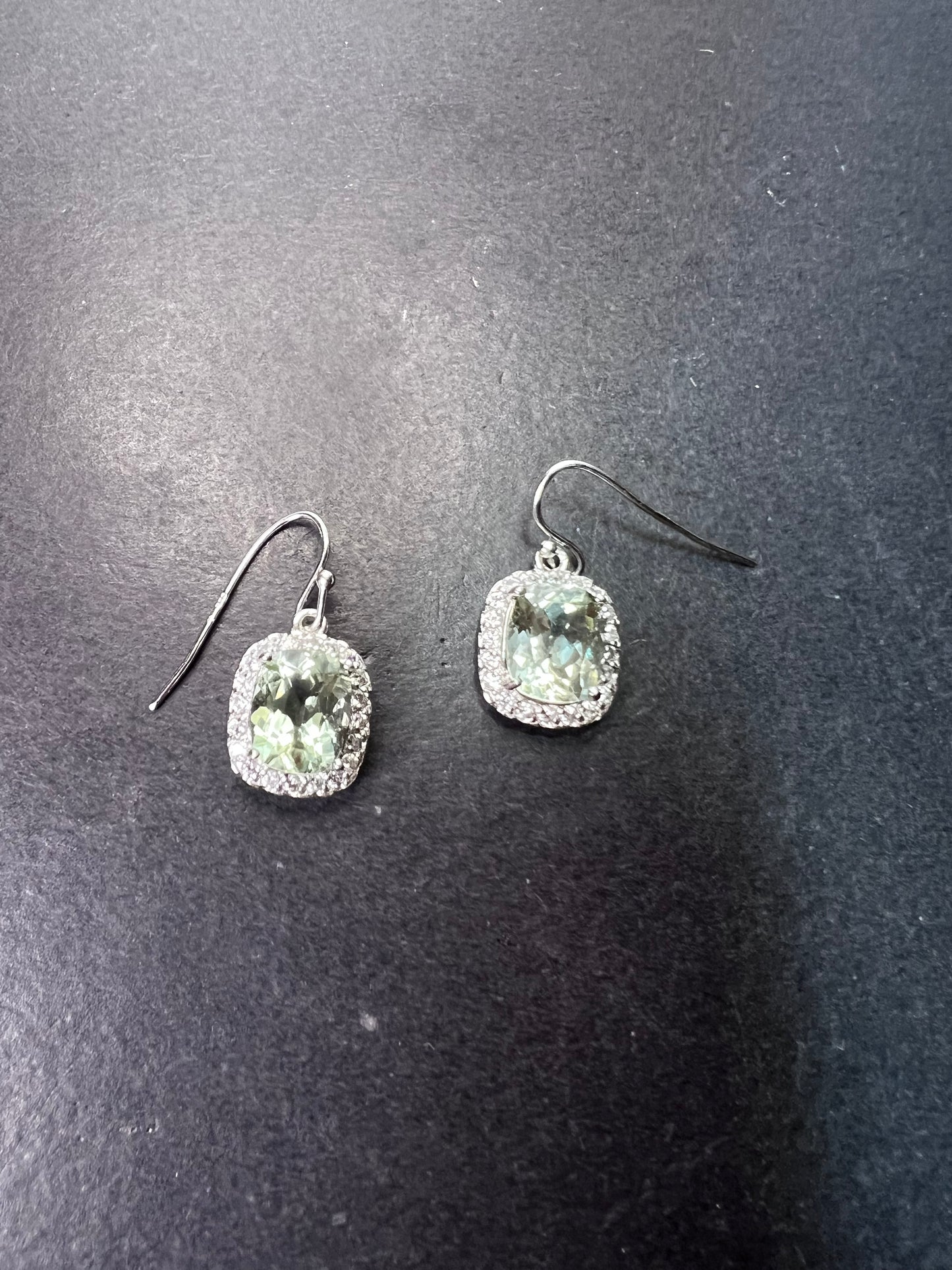 Prasiolite and zircon sterling silver halo earrings