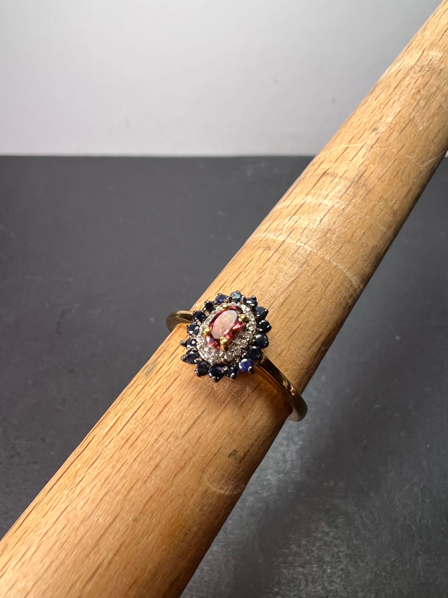 Ofiki rubellite and blue sapphire double halo ring in vermeil yellow gold over sterling silver size 8