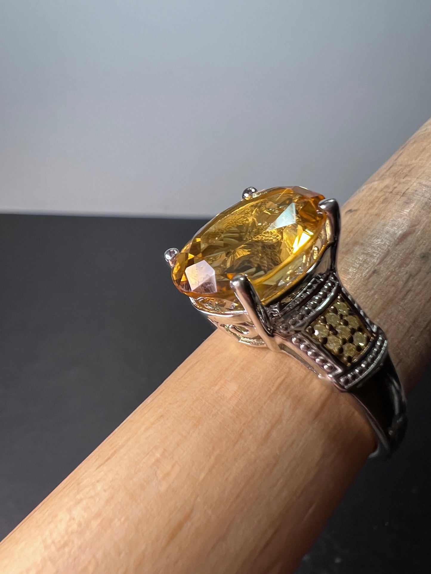 Citrine and yellow diamond ring in sterling silver size 10. 7.55 ctw