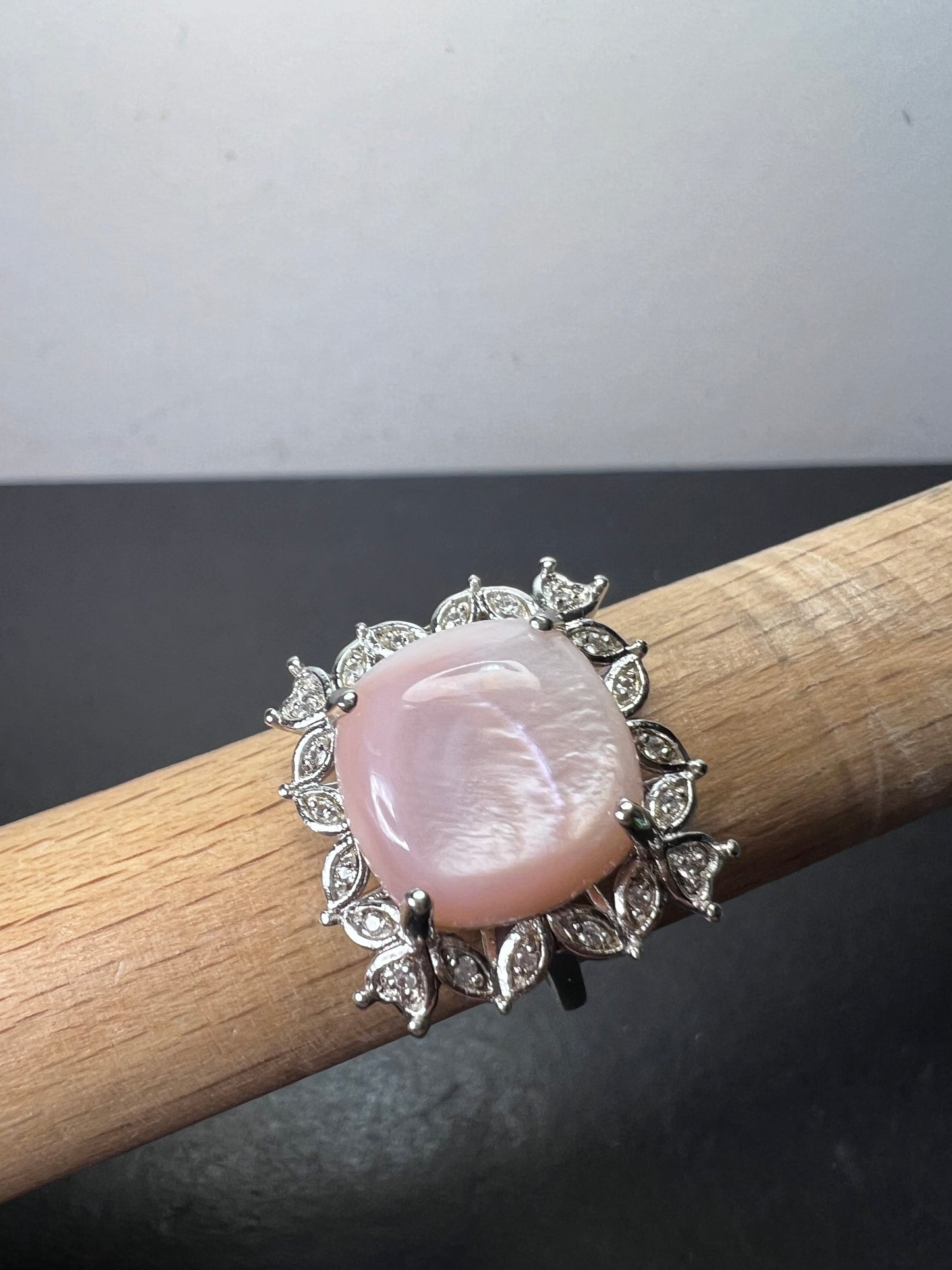 Pink Mother-of-Pearl With White Zircon Rhodium Over Sterling Silver Ring size 8