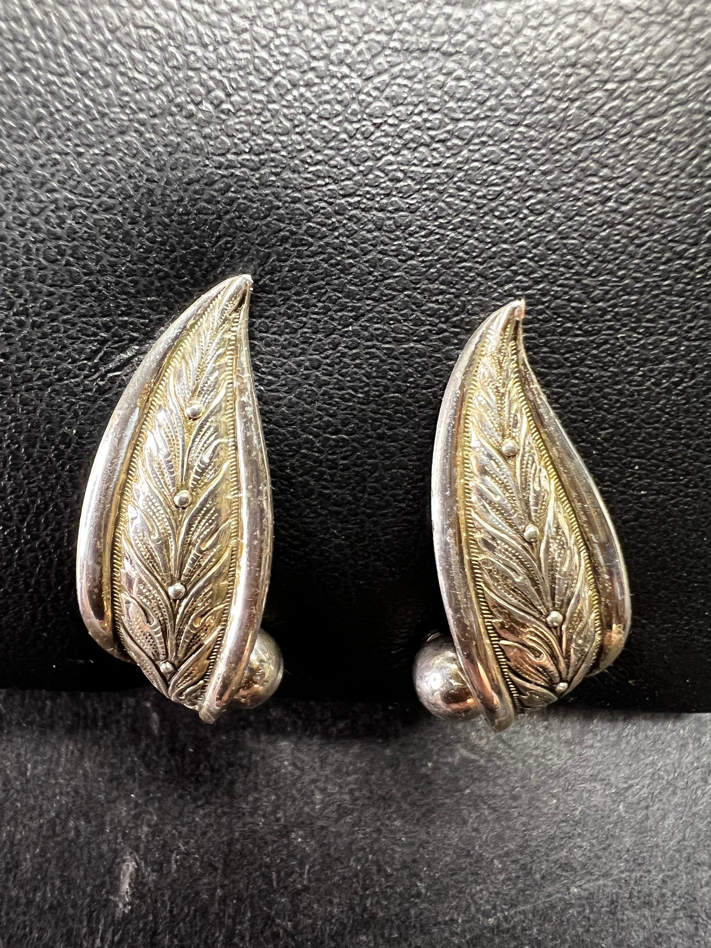 Vintage Forstner Sterling Silver Leaf Screwback Earrings Mid Century