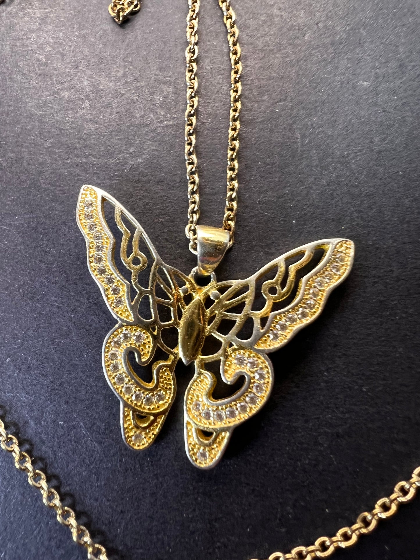 Butterfly CZ gold over sterling silver pendant and chain necklace