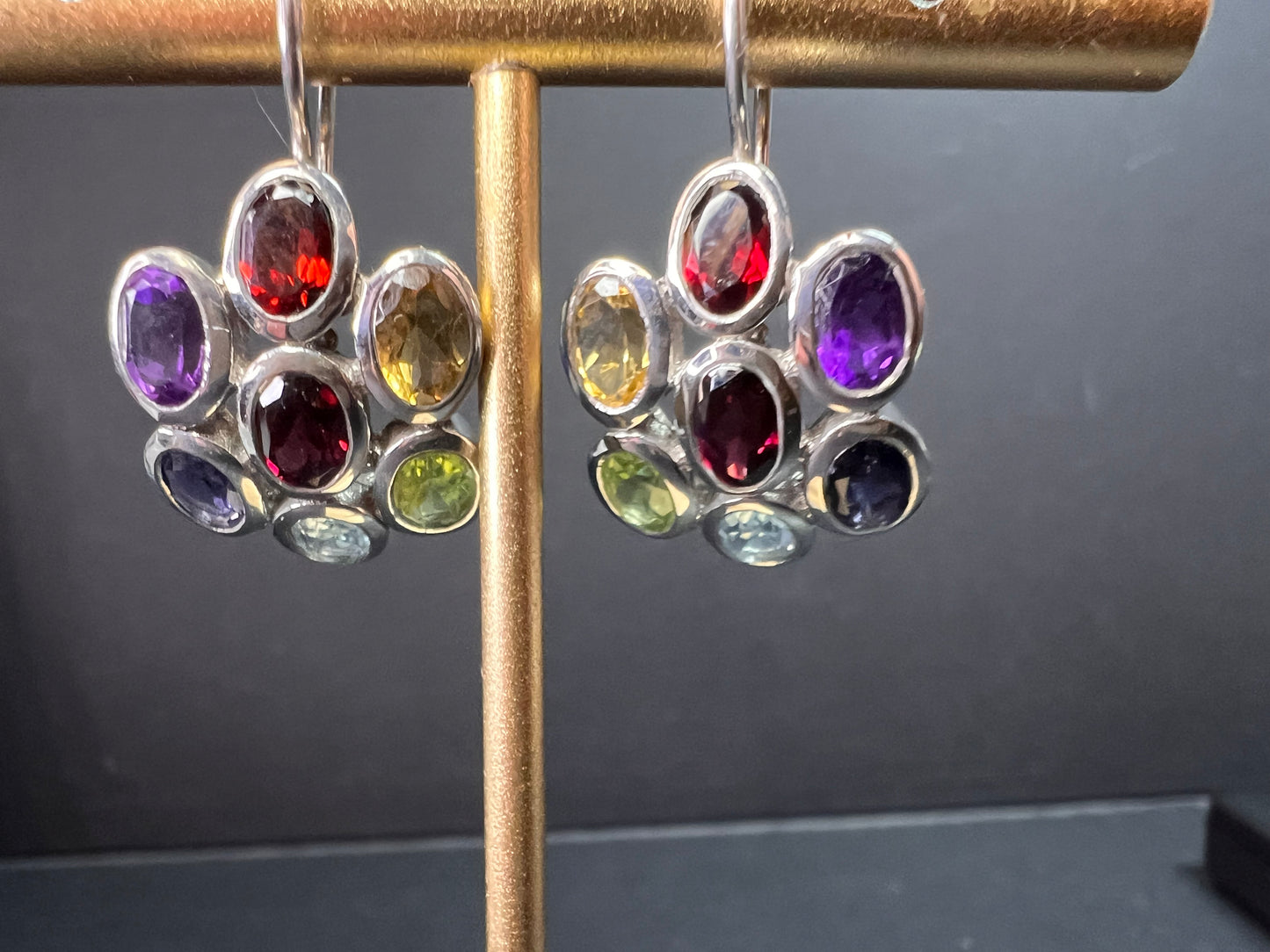 Vintage multi gemstone cluster boho earrings in sterling silver