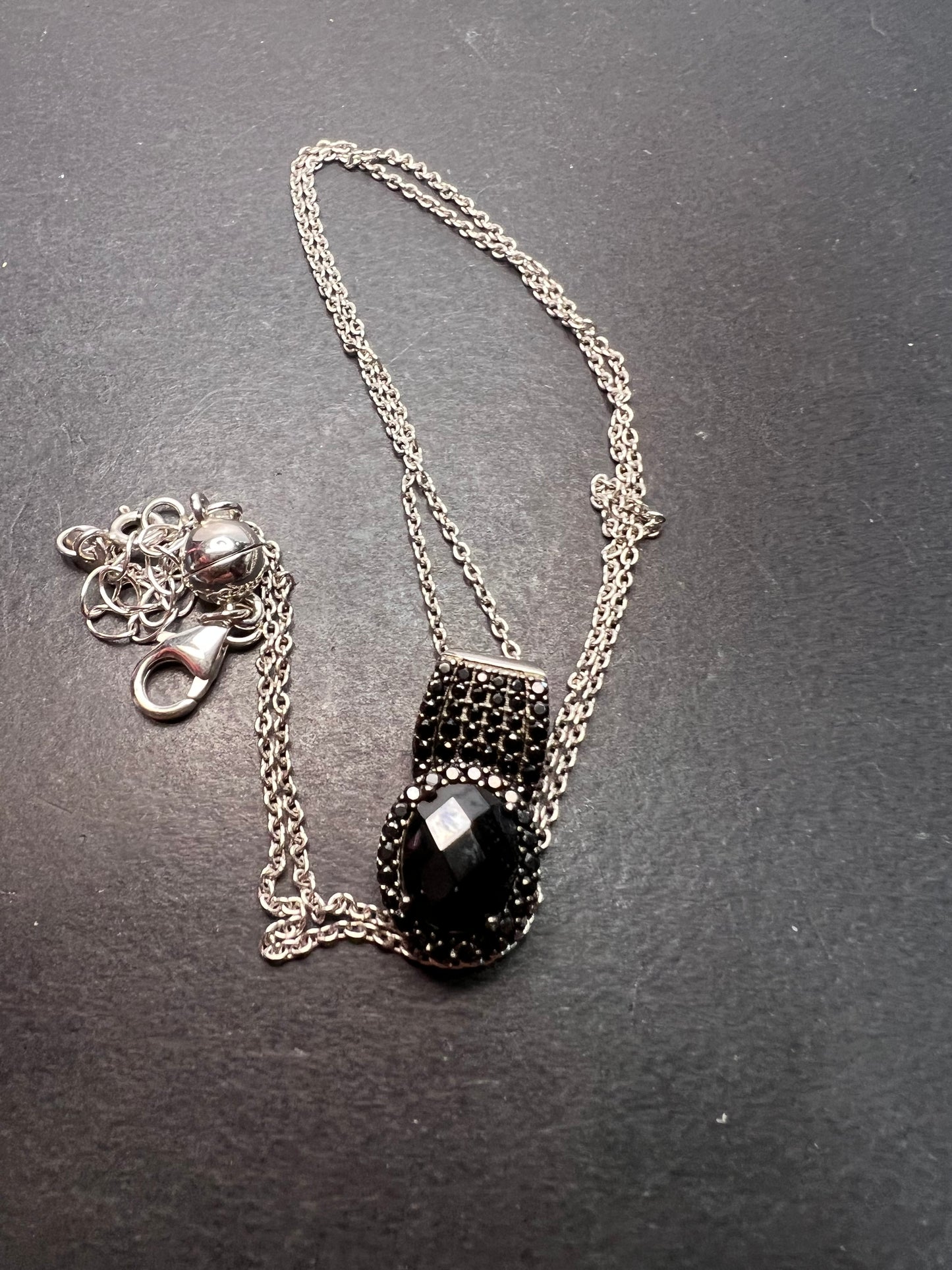 Black spinel pendant and chain necklace in rhodium over sterling silver