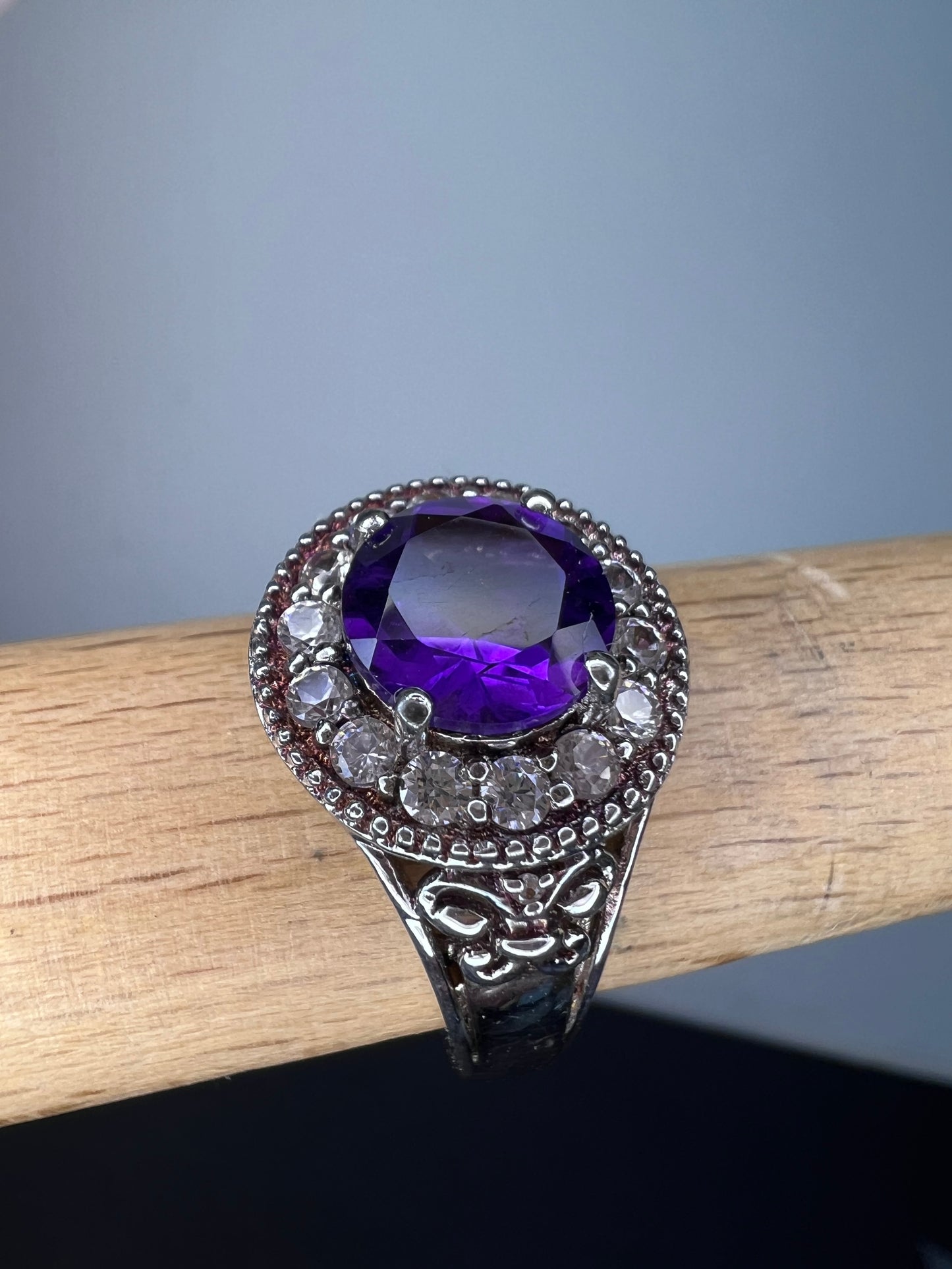 Amethyst and white spinel sterling silver halo ring size 9