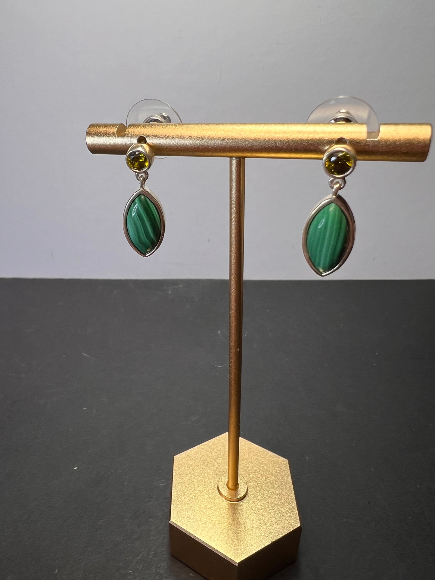 Malachite and olive CZ sterling silver marquise drop earrings