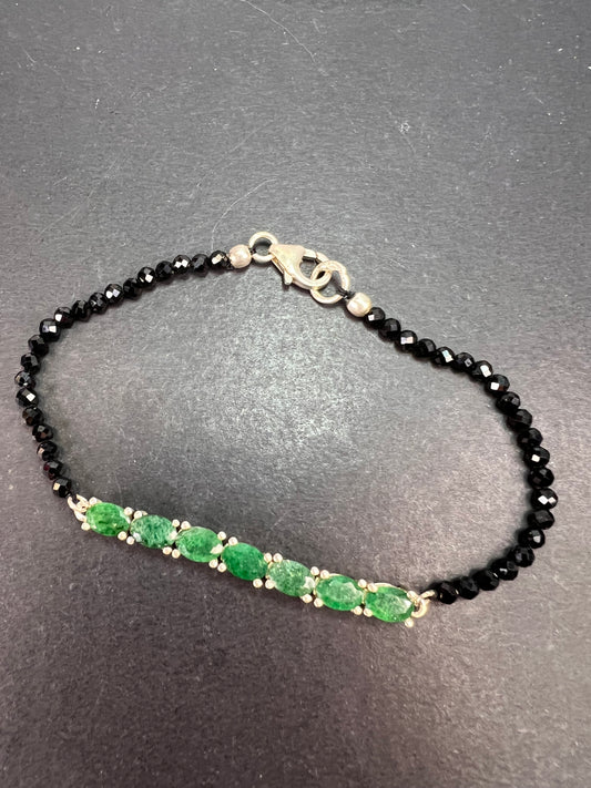 Black spinel and emerald sterling silver bracelet