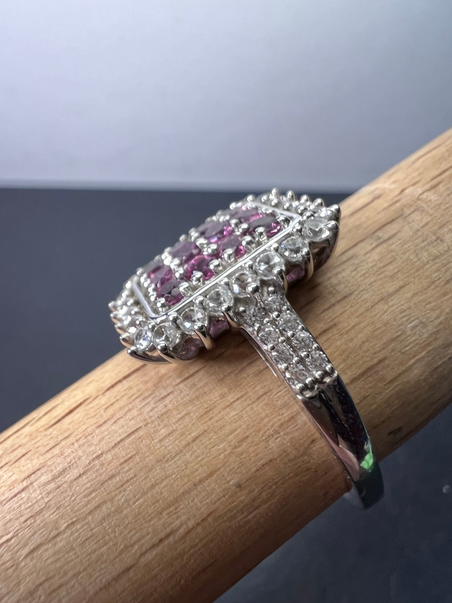 Pink tourmaline and white topaz sterling silver cluster ring size 9