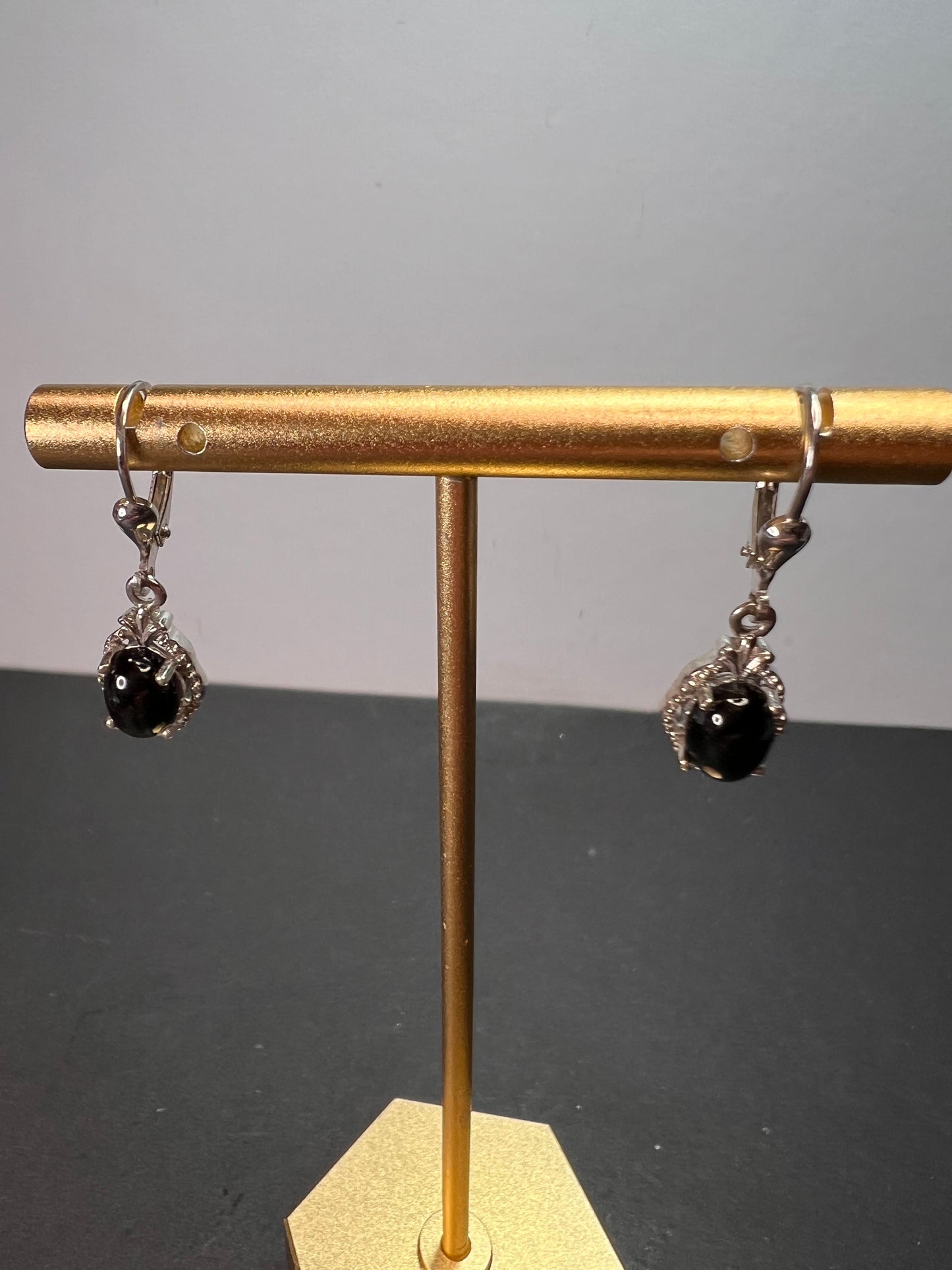 Black star sapphire sterling silver leverback earrings