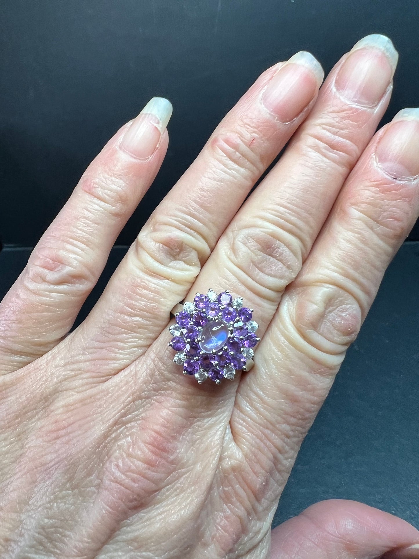 Rainbow Moonstone Amethyst White Topaz Sterling Ring Sz 9