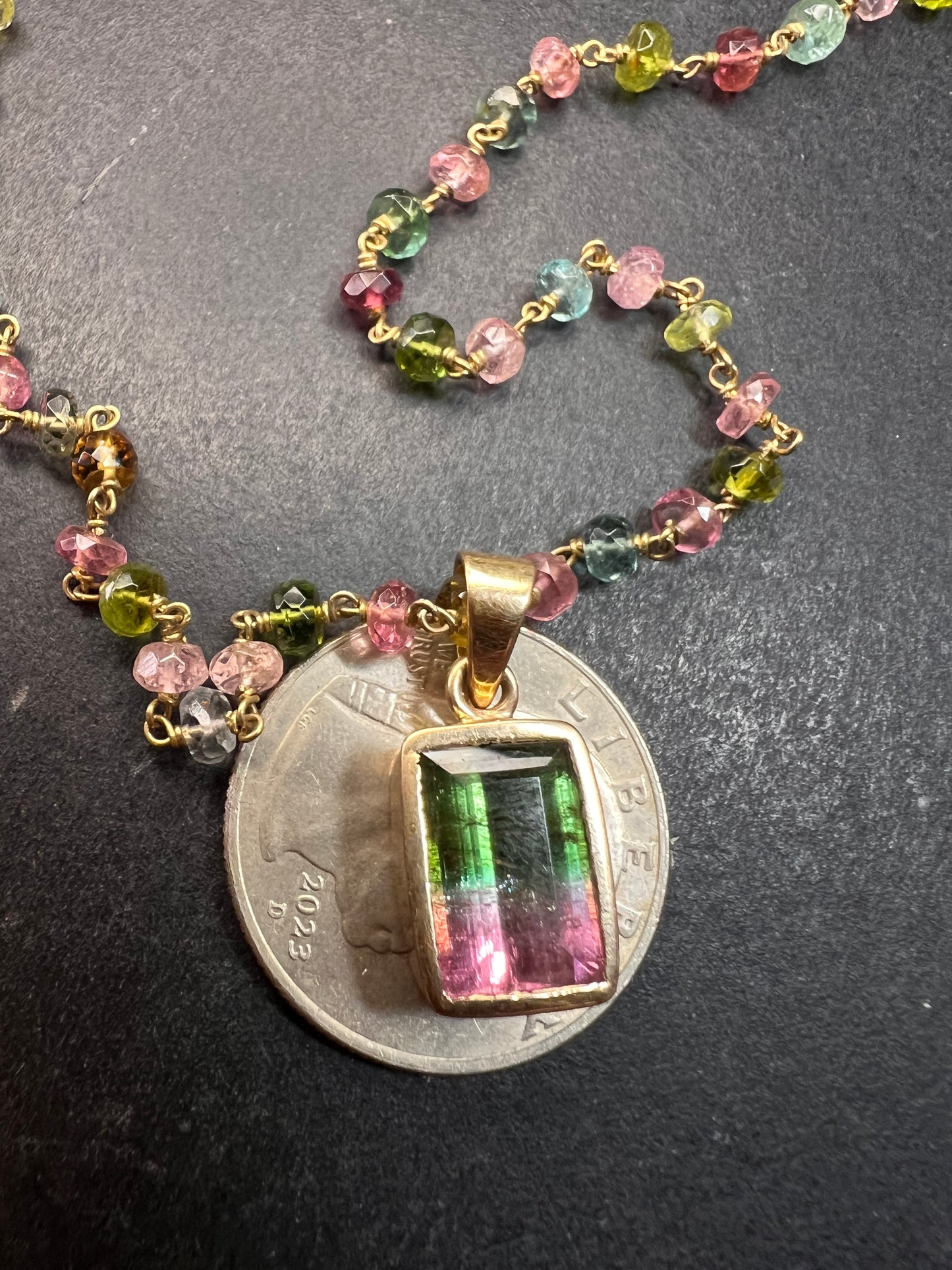 Vintage 14k & 18k gold watermelon tourmaline pendant necklace