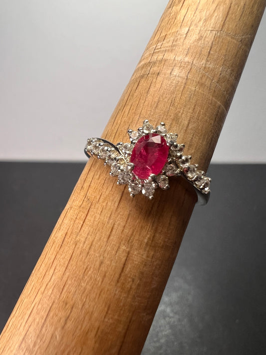 Mozambique ruby and zircon sunburst ring in platinum over sterling silver size 8 *NEW*