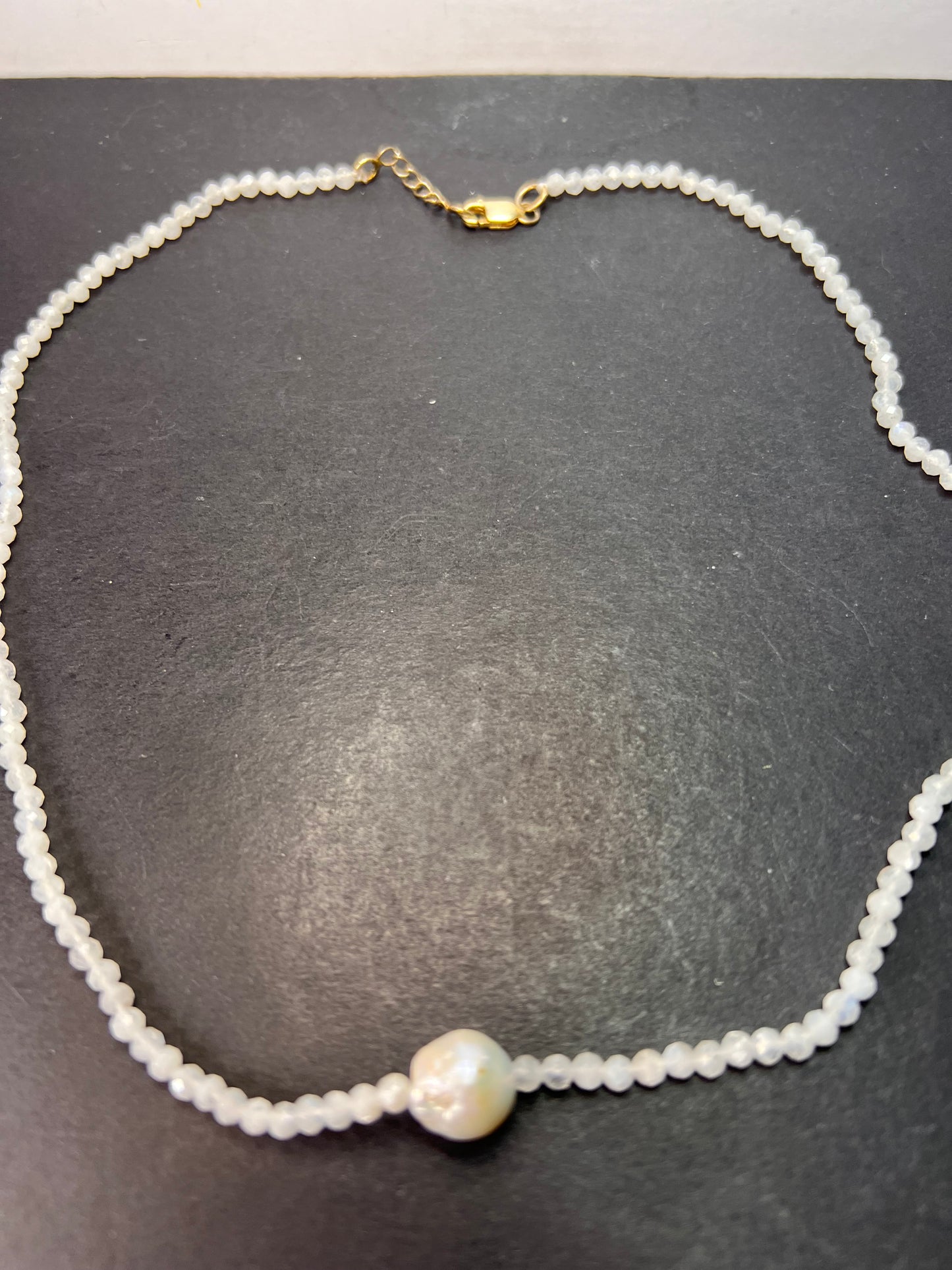 Rainbow moonstone and pearl necklace with sterling silver clasp