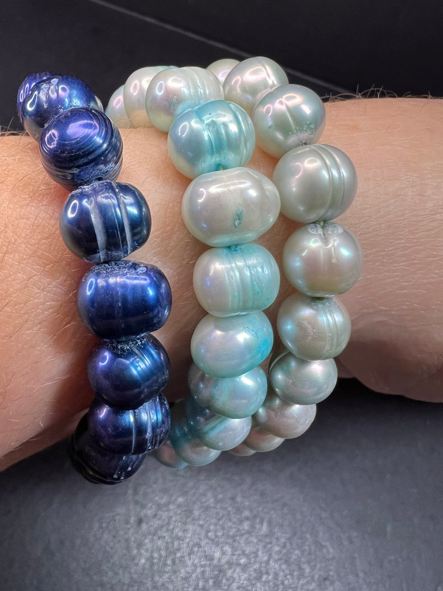 Set of three freshwater pearl shades of blue stretch bracelets