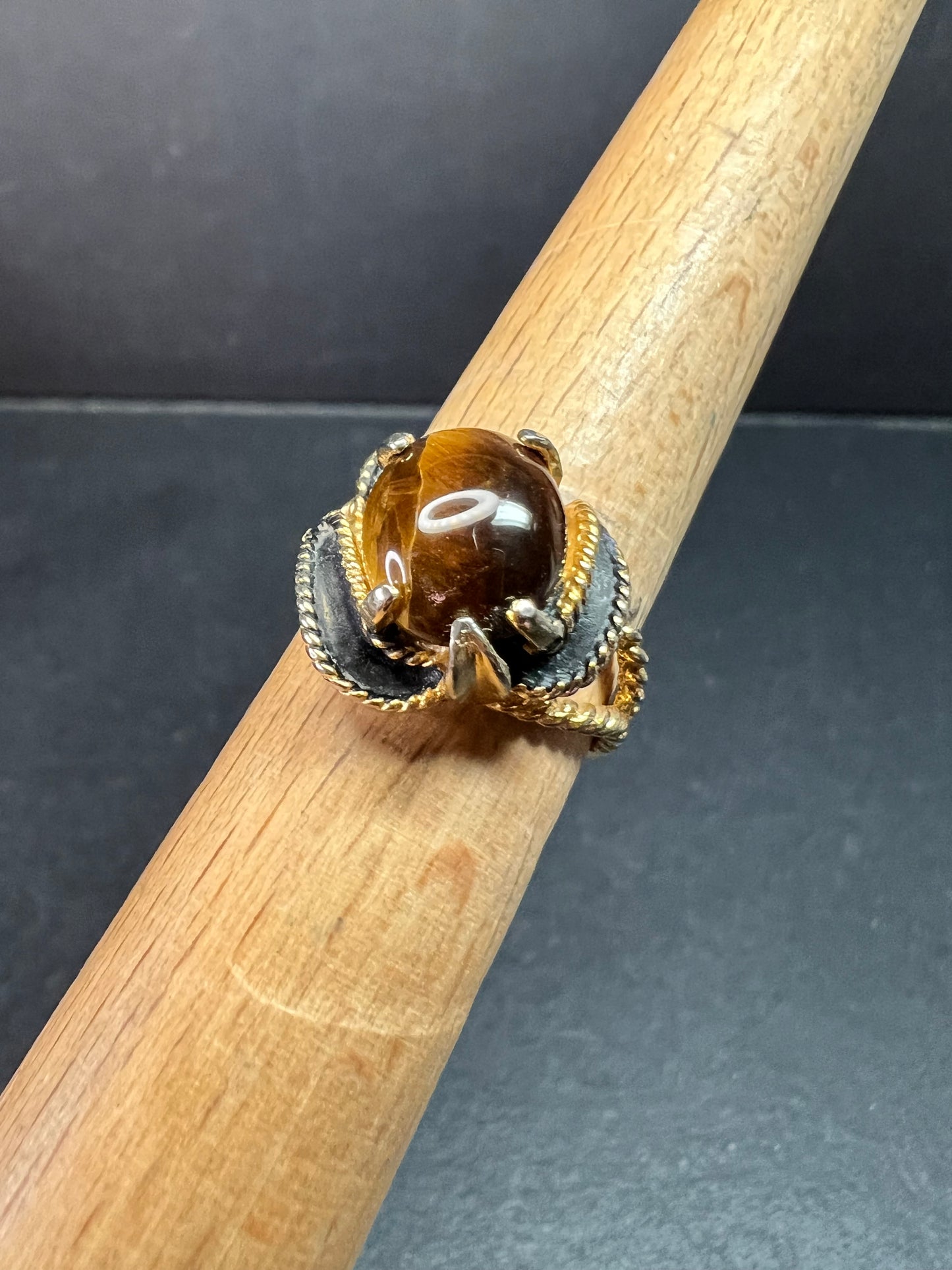 Vintage Espo Tiger’s Eye Ring Size 7.5 18K HGF Gold Filled Statement