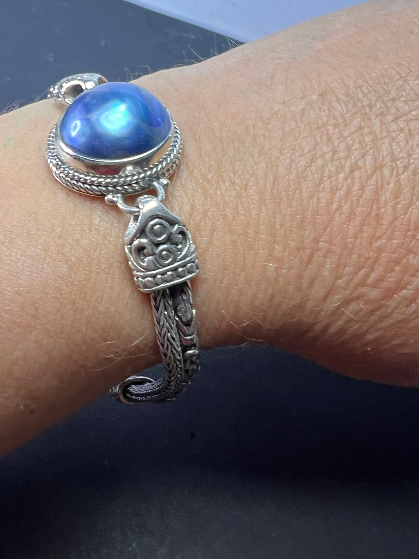 Balinese style Byzantine sterling silver grey blue mabe pearl toggle bracelet