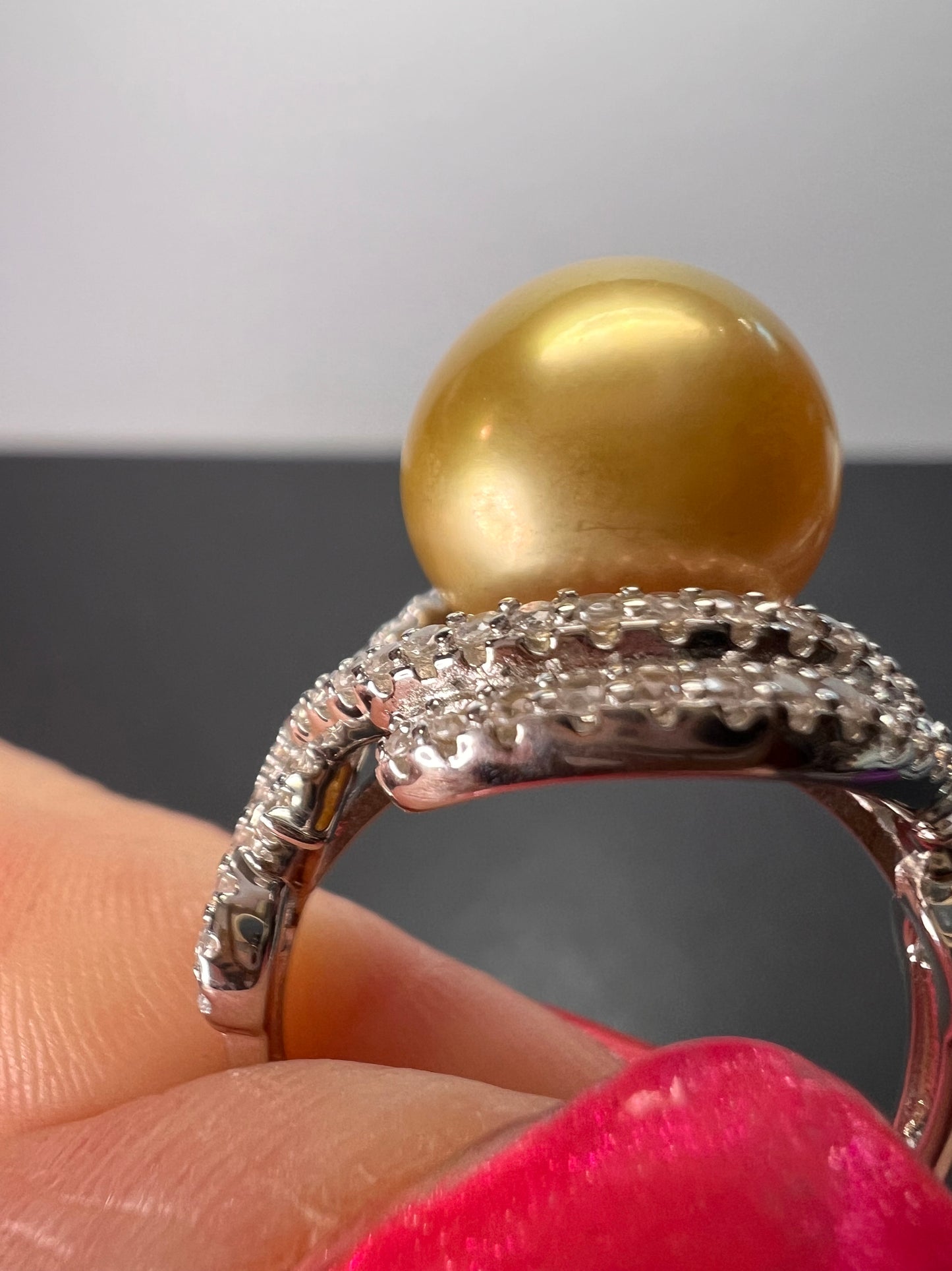 AAA1 Natural Color Deep Gold 11mm Golden South Sea Cultured Pearl and Zircon ring in rhodium over Sterling silver size 9