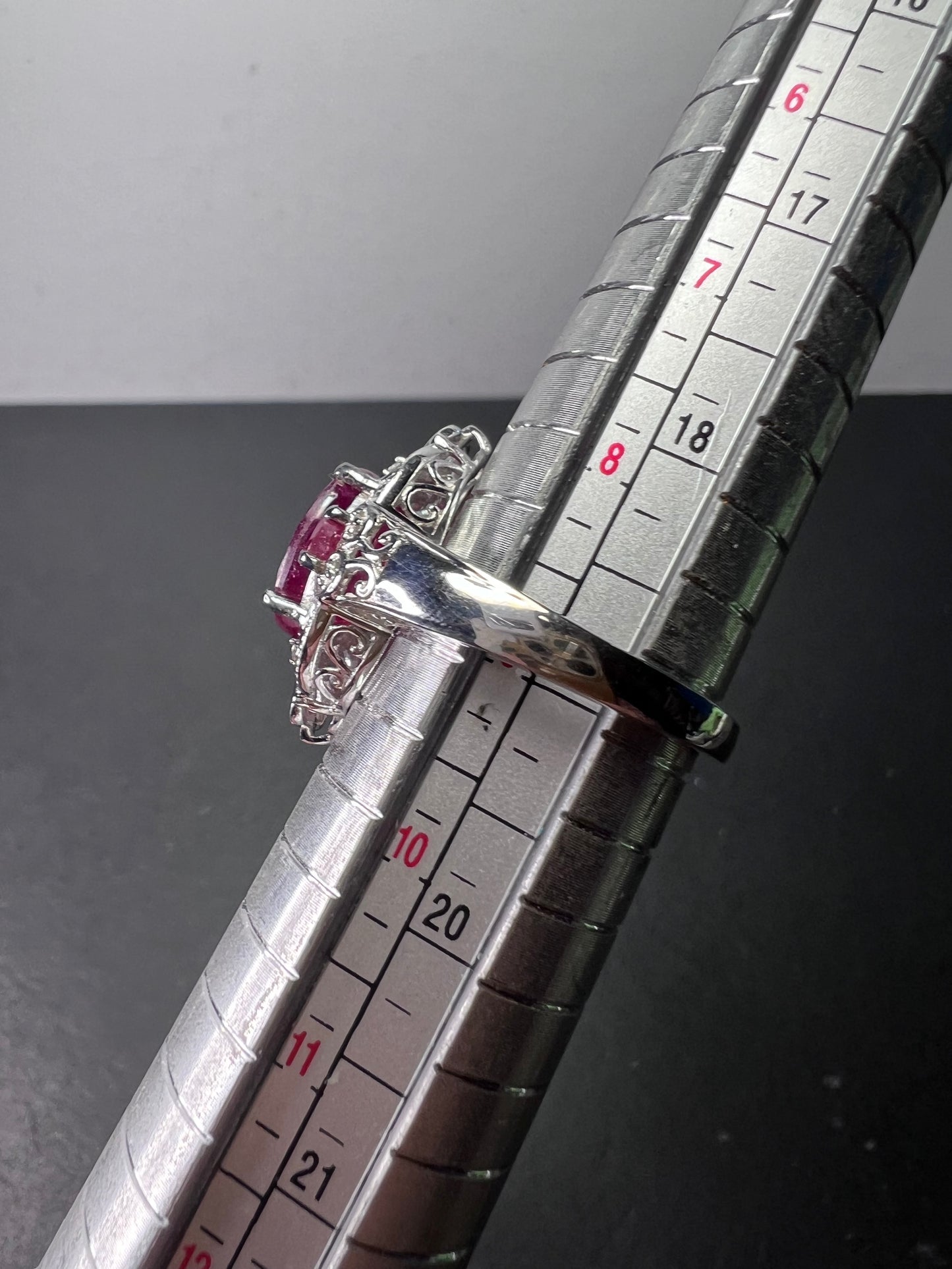 Ruby and white topaz sterling silver cocktail ring size 9