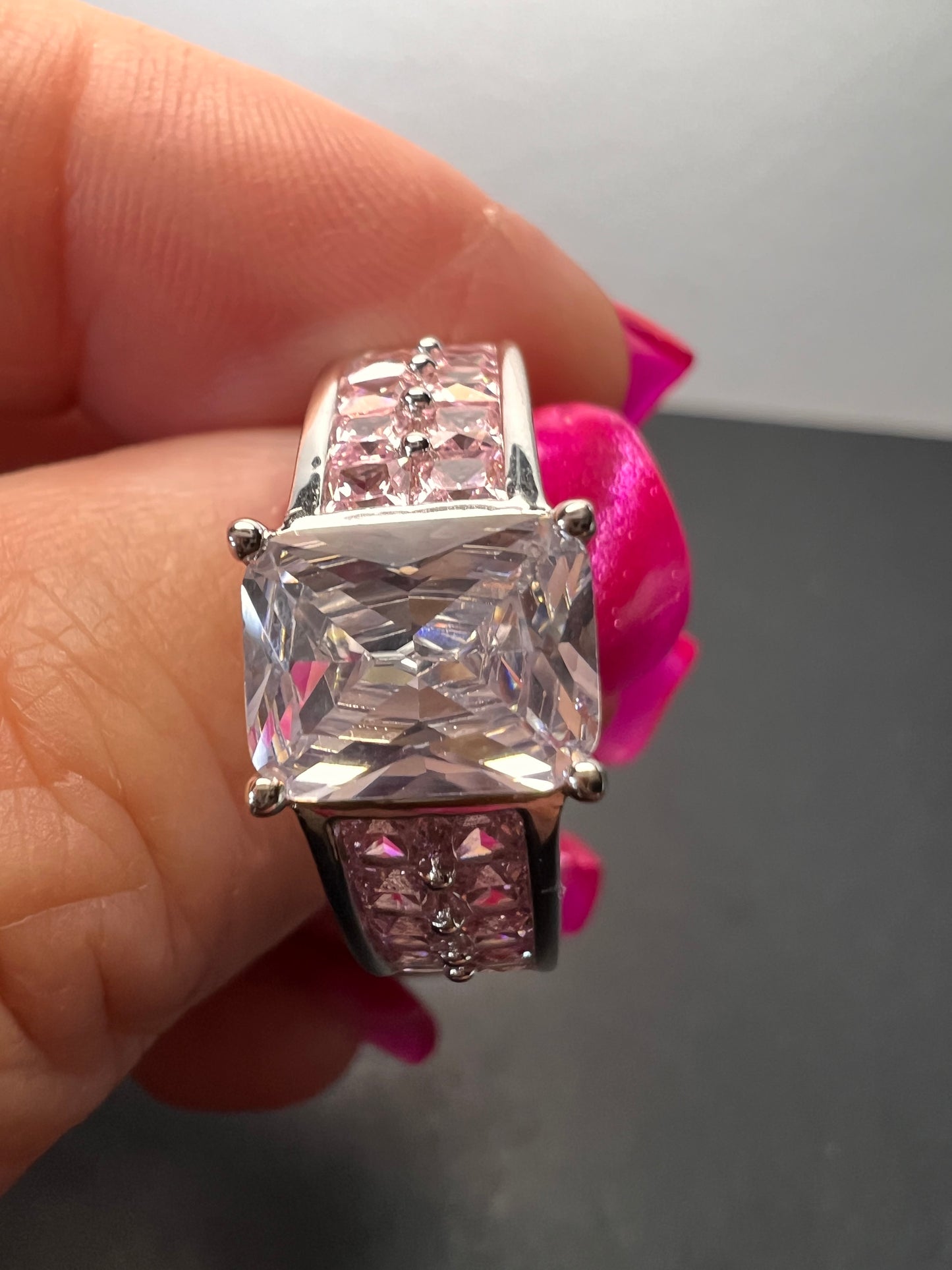 Pink and white CZ rhodium over sterling silver ring size 9