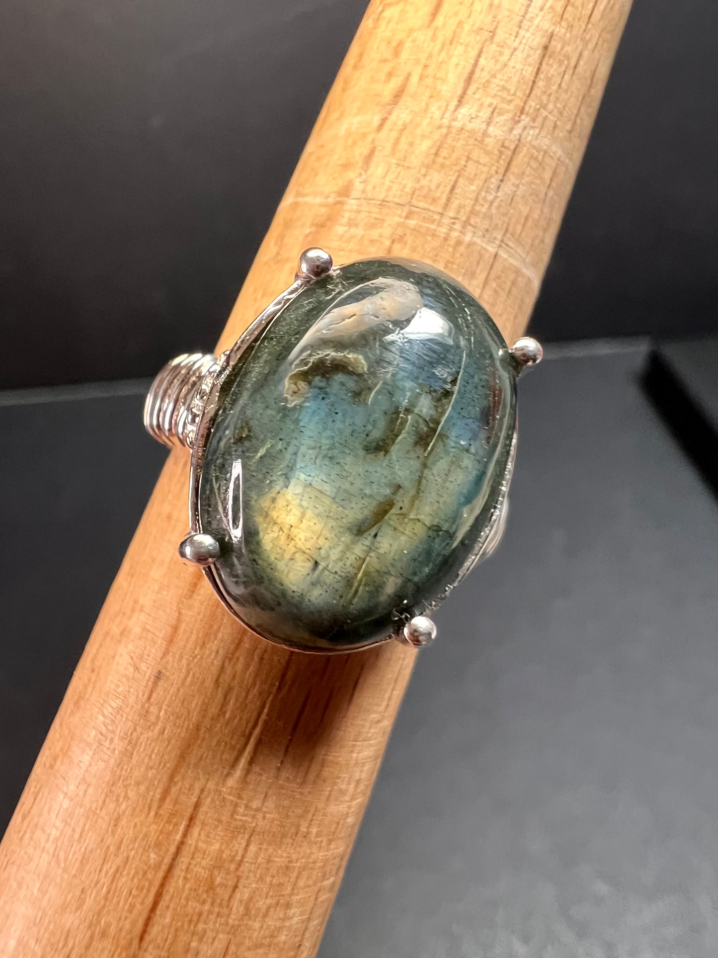 NEW labradorite ring in platinum over brass size 8