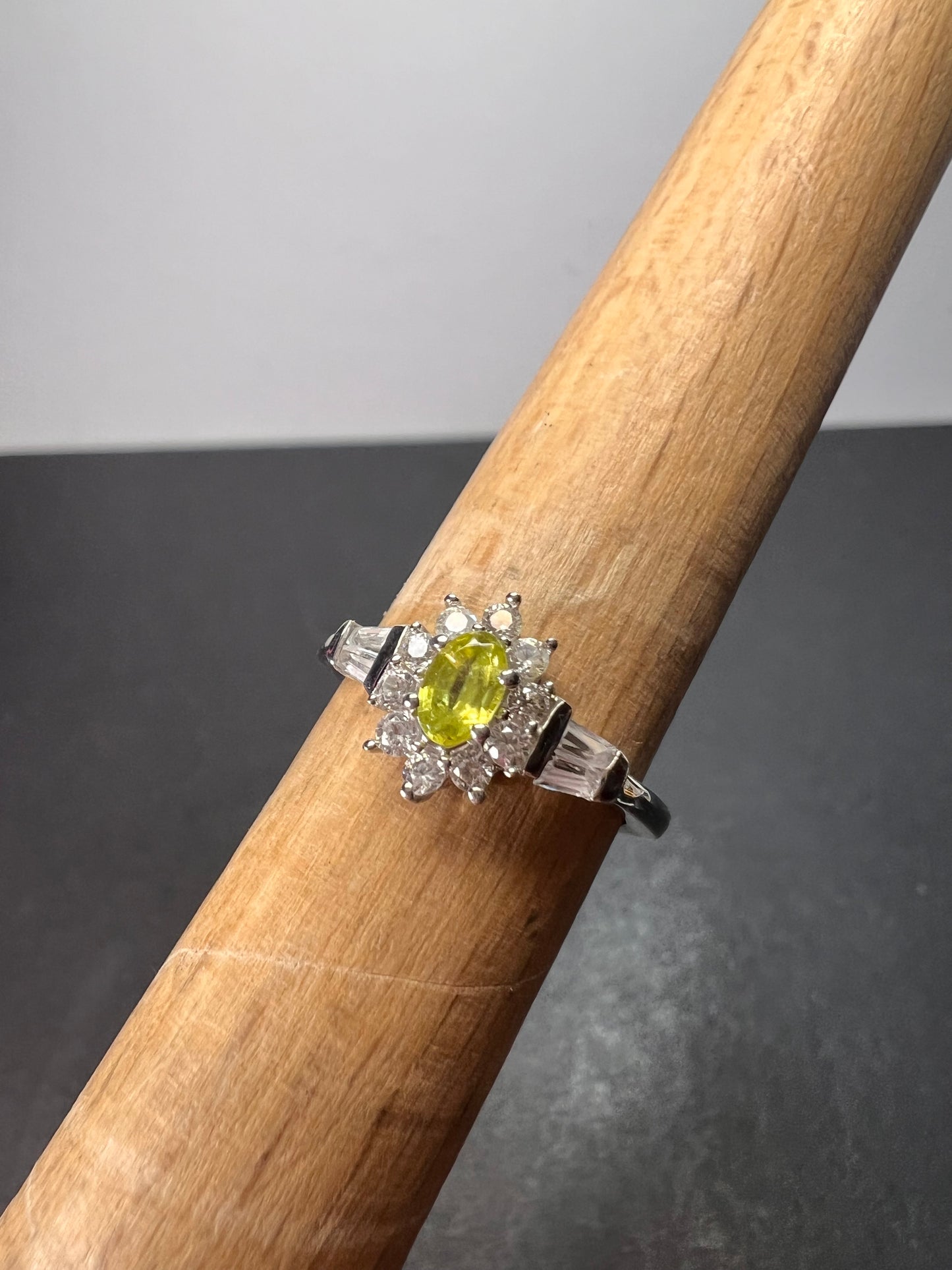 Sphene halo ring in rhodium over sterling silver size 5 *NEW*