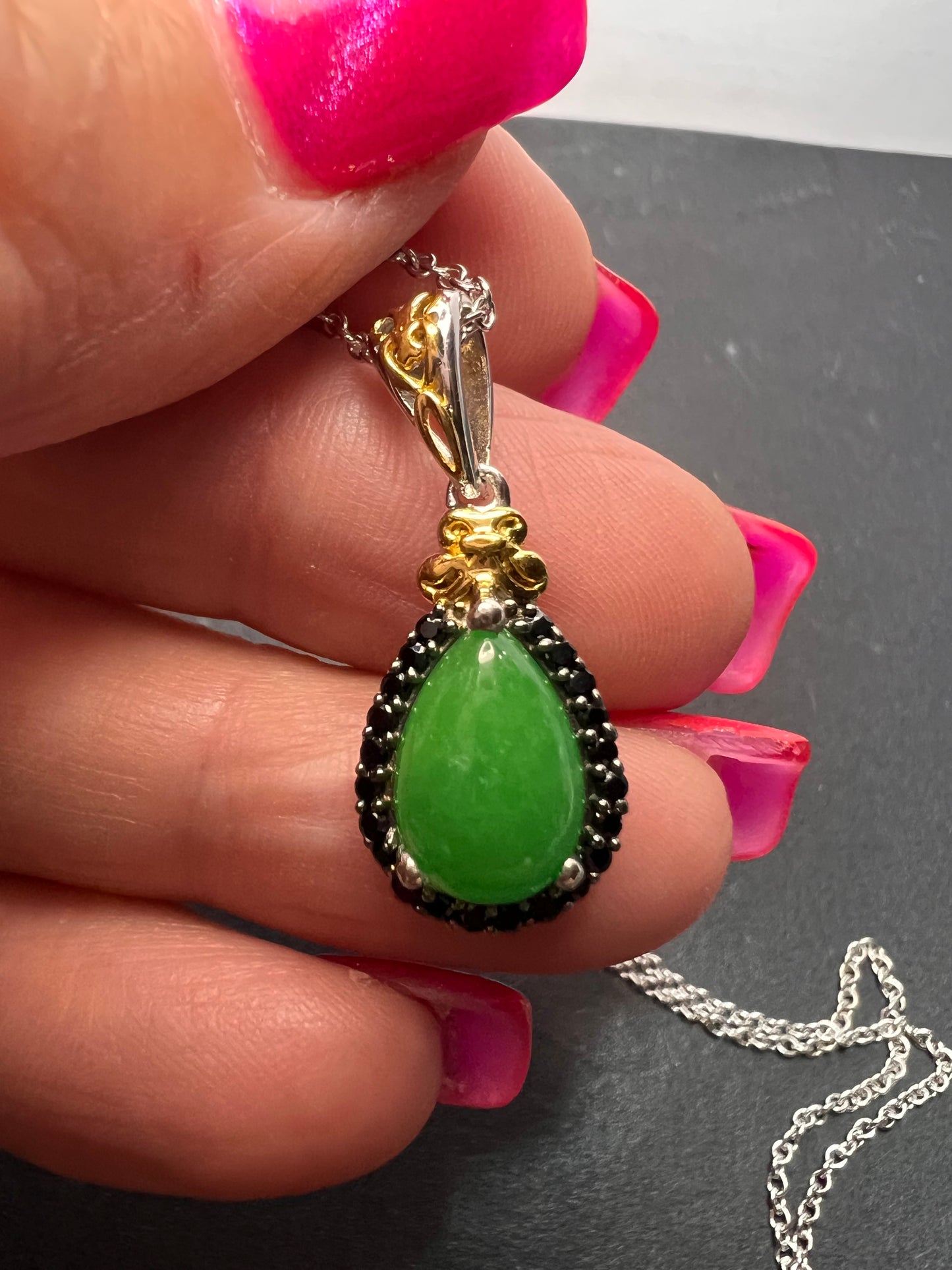 Green Jade and black spinel teardrop two toned sterling silver pendant and chain necklace