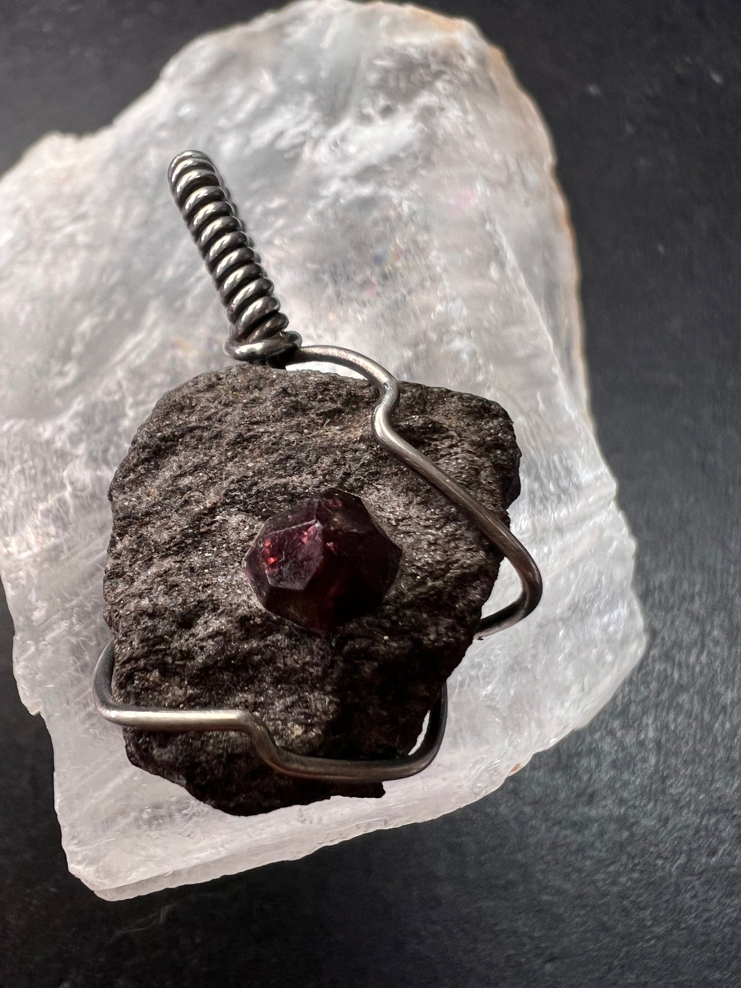 Vintage Sterling Silver Wrapped Rough Garnet in Schist Matrix Pendant