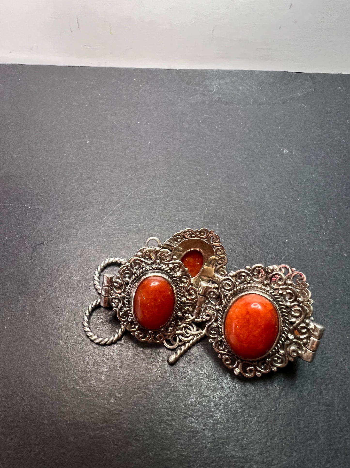 Red orange jade ornate sterling silver toggle bracelet