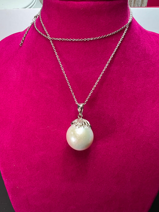 16mm white cultured pearl rhodium over sterling silver pendant and chain