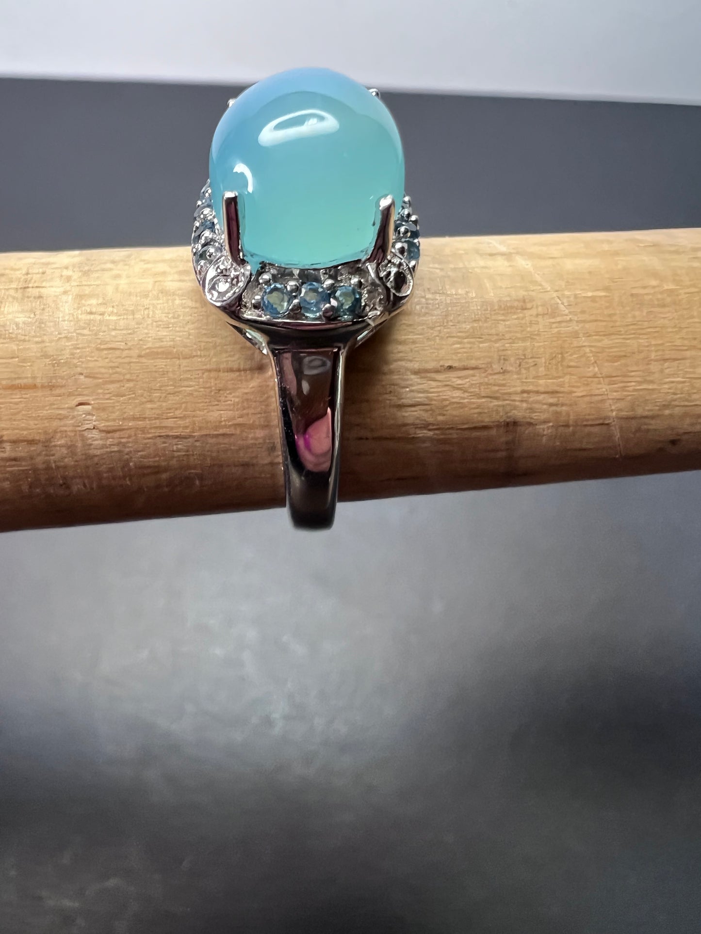 Aqua blue chalcedony blue topaz sterling silver halo ring size 7