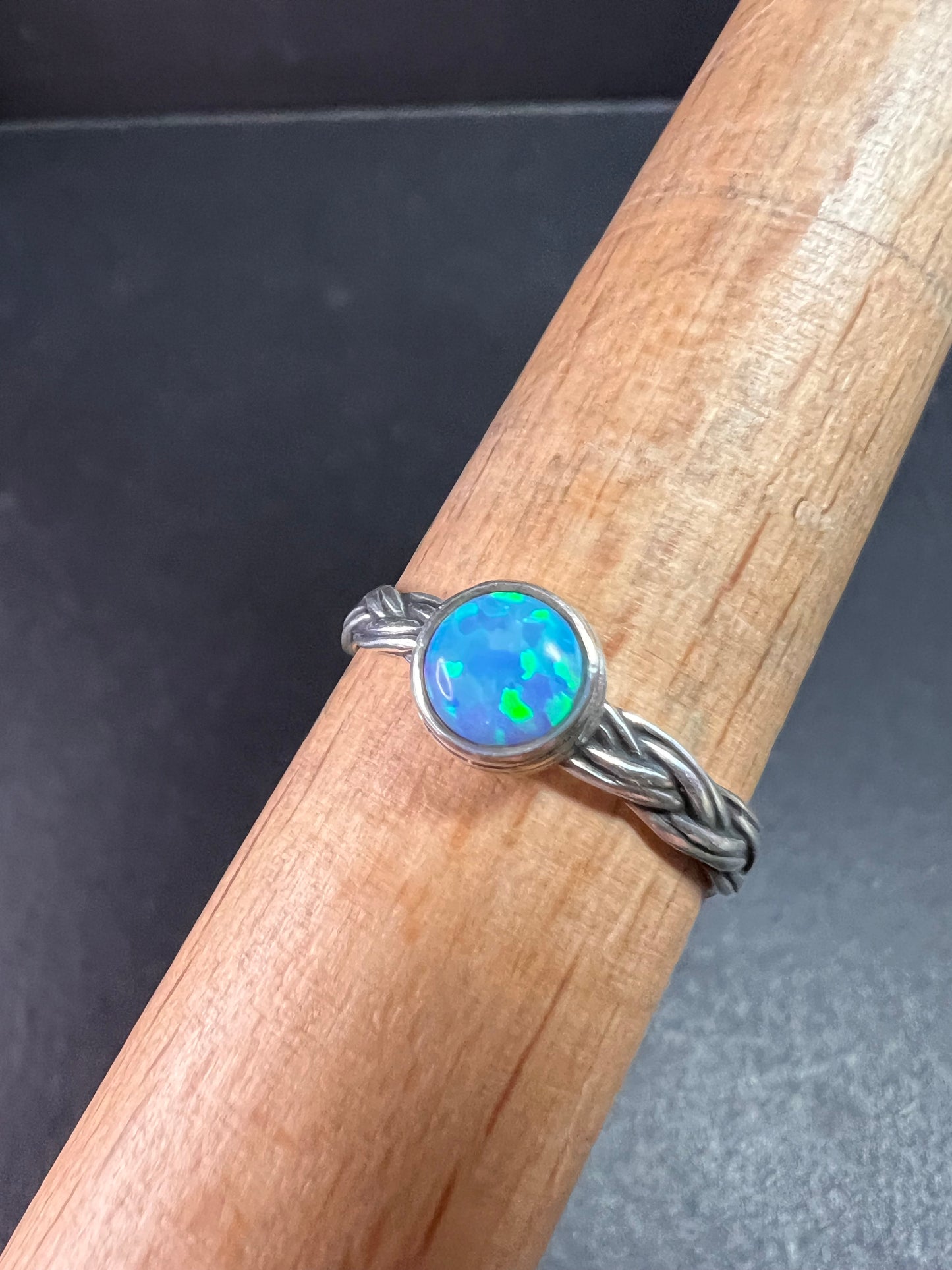 Sterling Silver Braided Band Ring with Lab Opal – Size 9