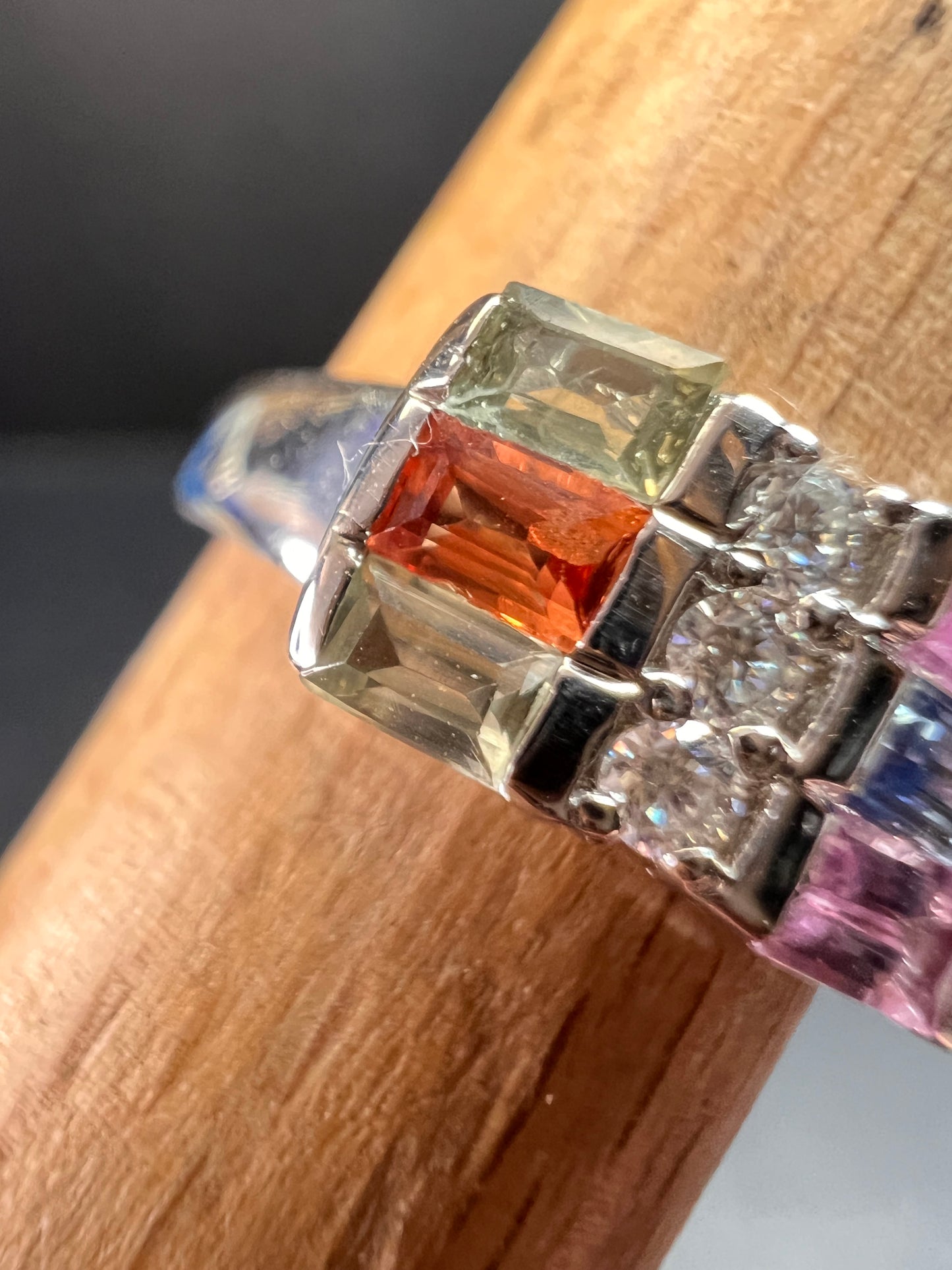 NEW multi sapphire and moissanite art deco style ring in rhodium over sterling silver size 5