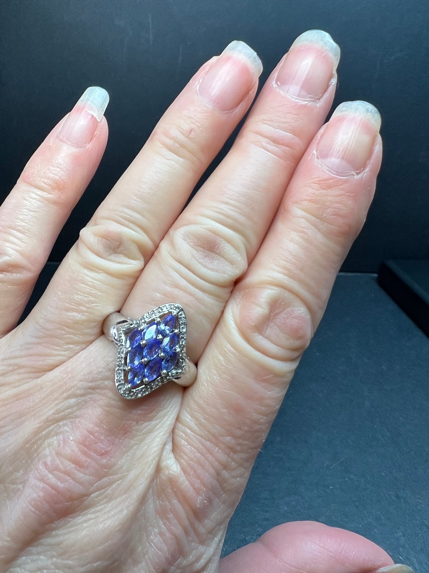 Vintage Tanzanite Diamond Sterling Silver Marquise Ring Size 9