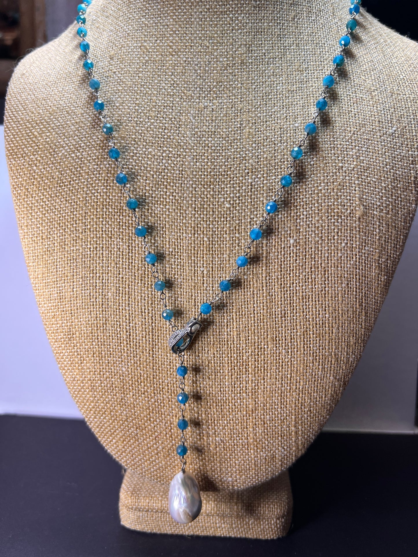 Blue apatite baroque pearl lariat sterling silver necklace