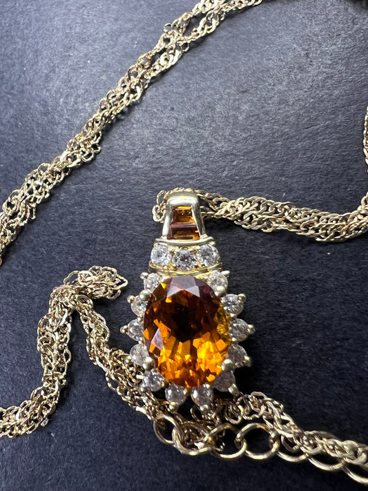 Mandarin citrine and white topaz halo pendant necklace in 14k gold over sterling silver