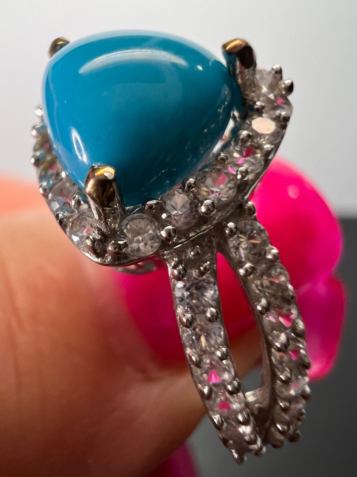 American sleeping beauty turquoise and zircon ring in platinum over sterling silver 2.60 ctw size 8