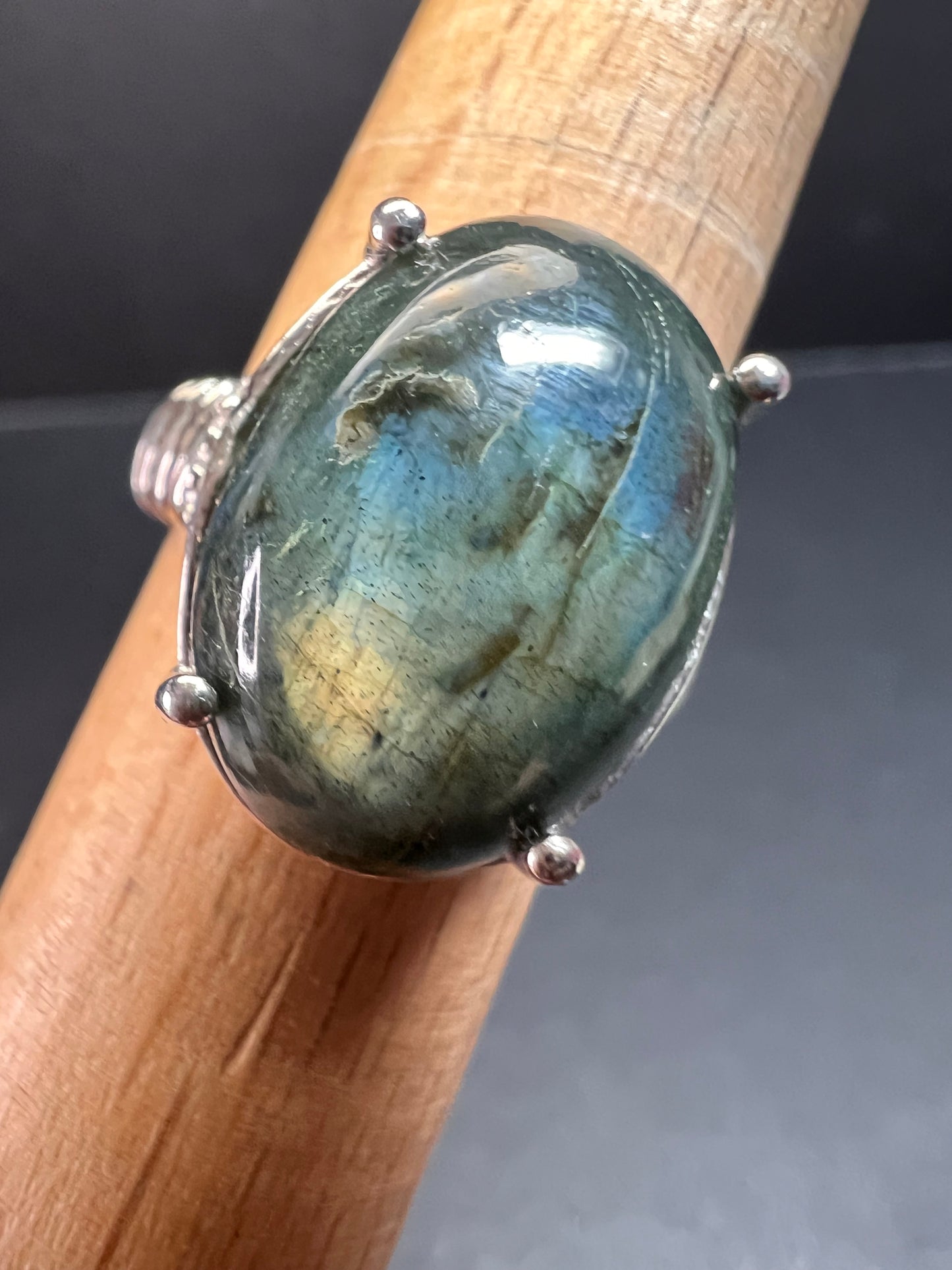 NEW labradorite ring in platinum over brass size 8