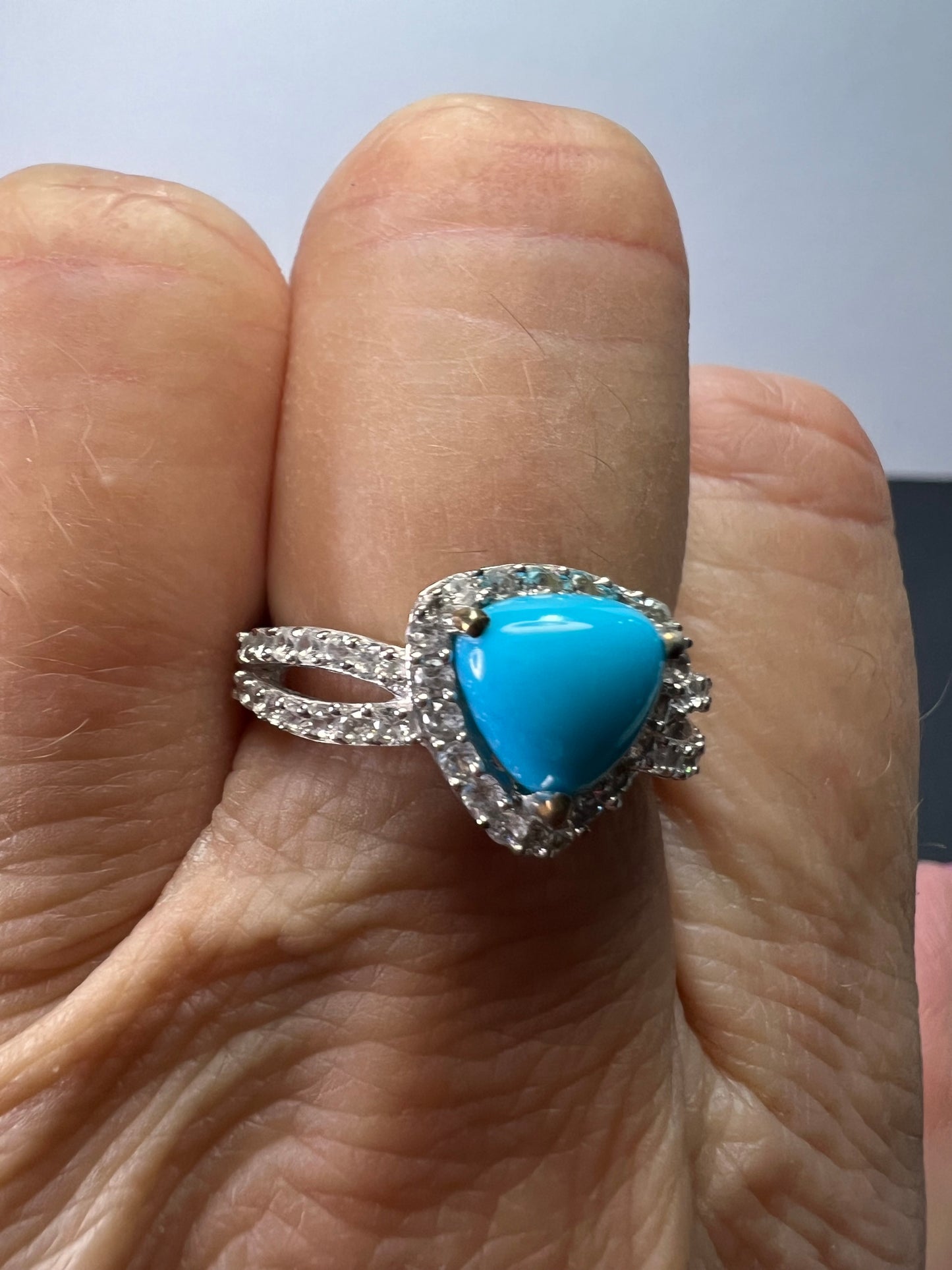 American sleeping beauty turquoise and zircon ring in platinum over sterling silver 2.60 ctw size 8