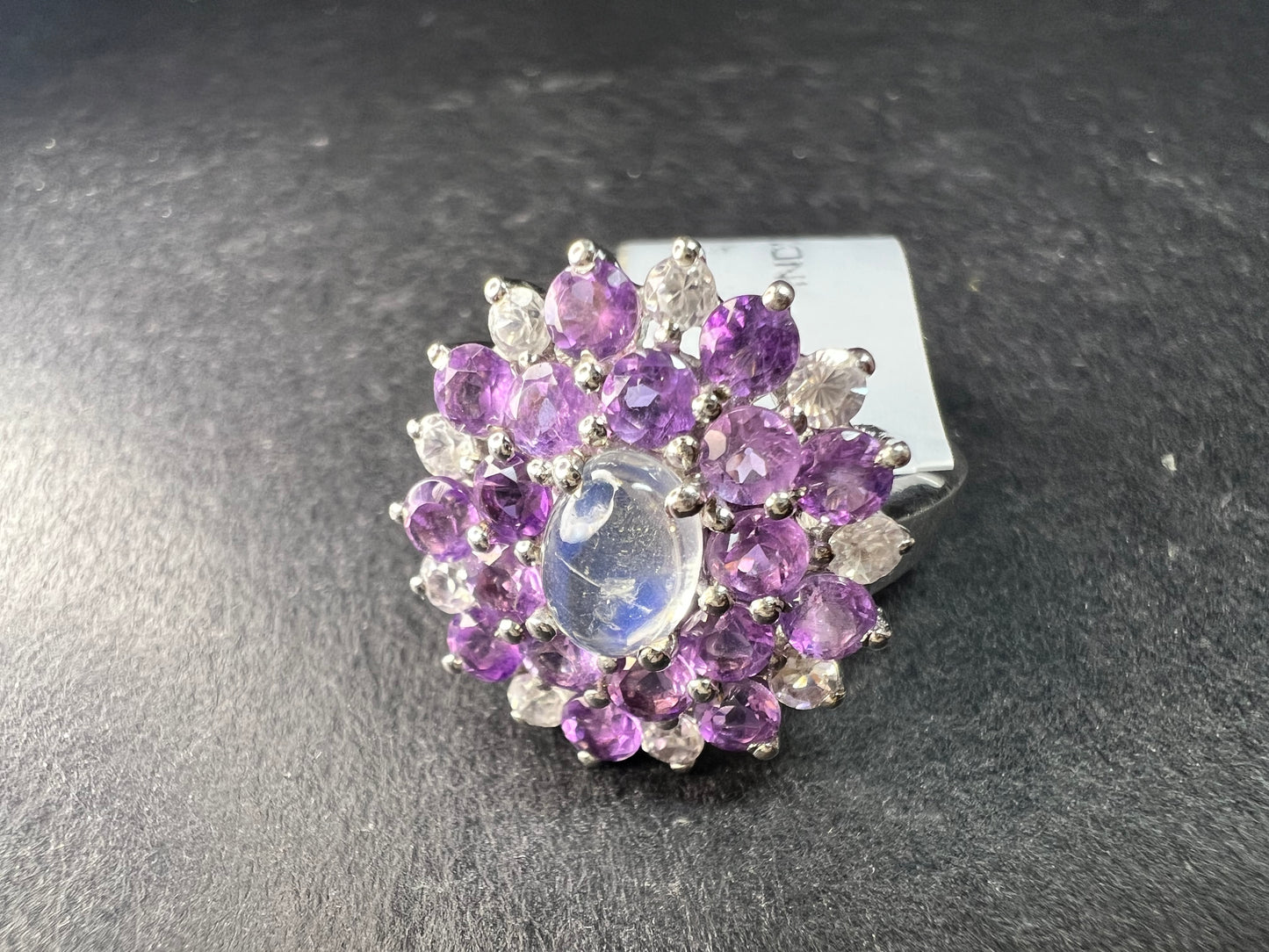 Rainbow Moonstone Amethyst White Topaz Sterling Ring Sz 9