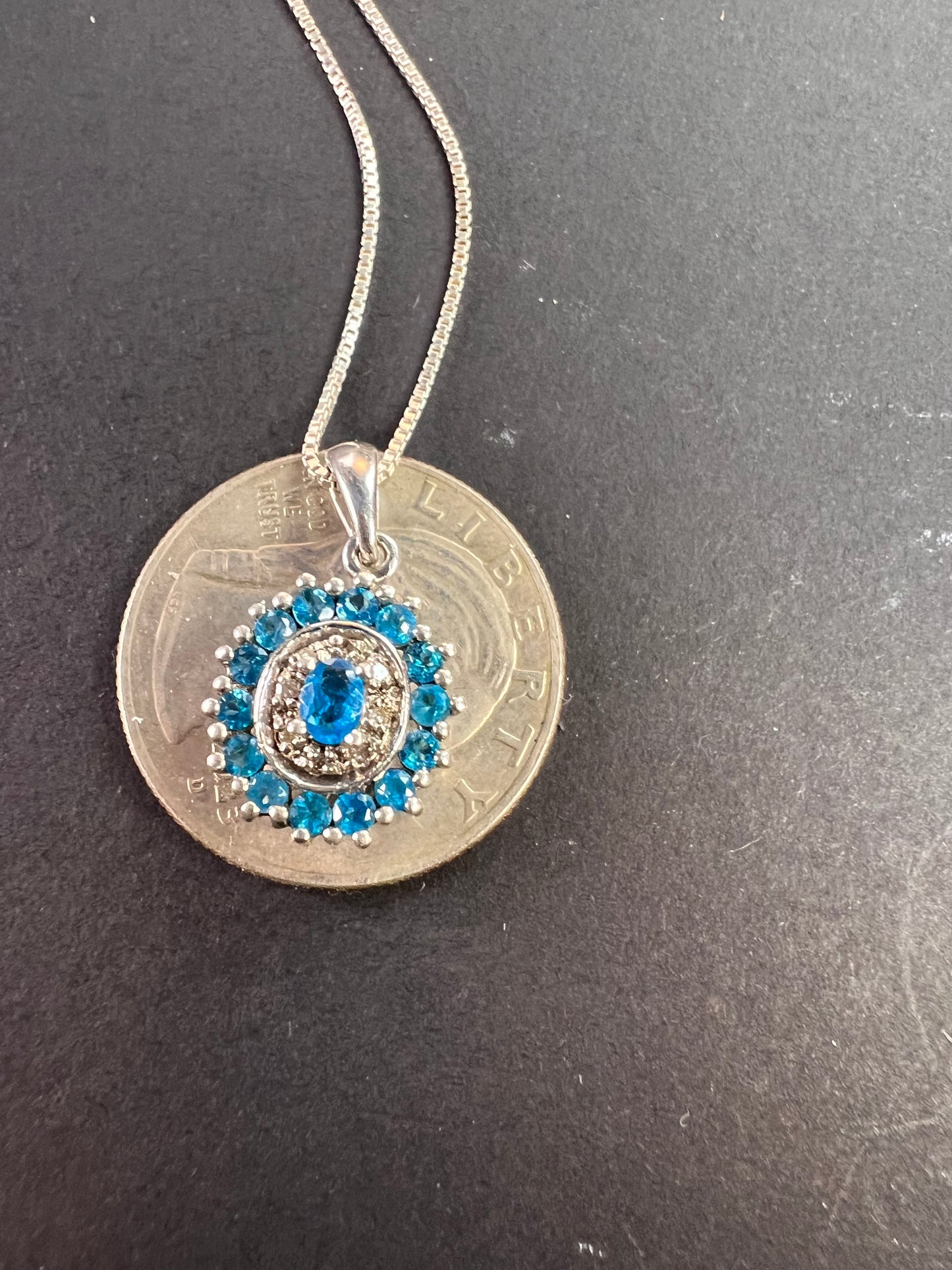Vintage 925 Sterling Silver Blue Apatite & Diamond Halo Pendant Necklace